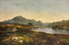 Very Large Antique Scottish Highland Loch Scene Old Cottage Beautiful Atmosphere