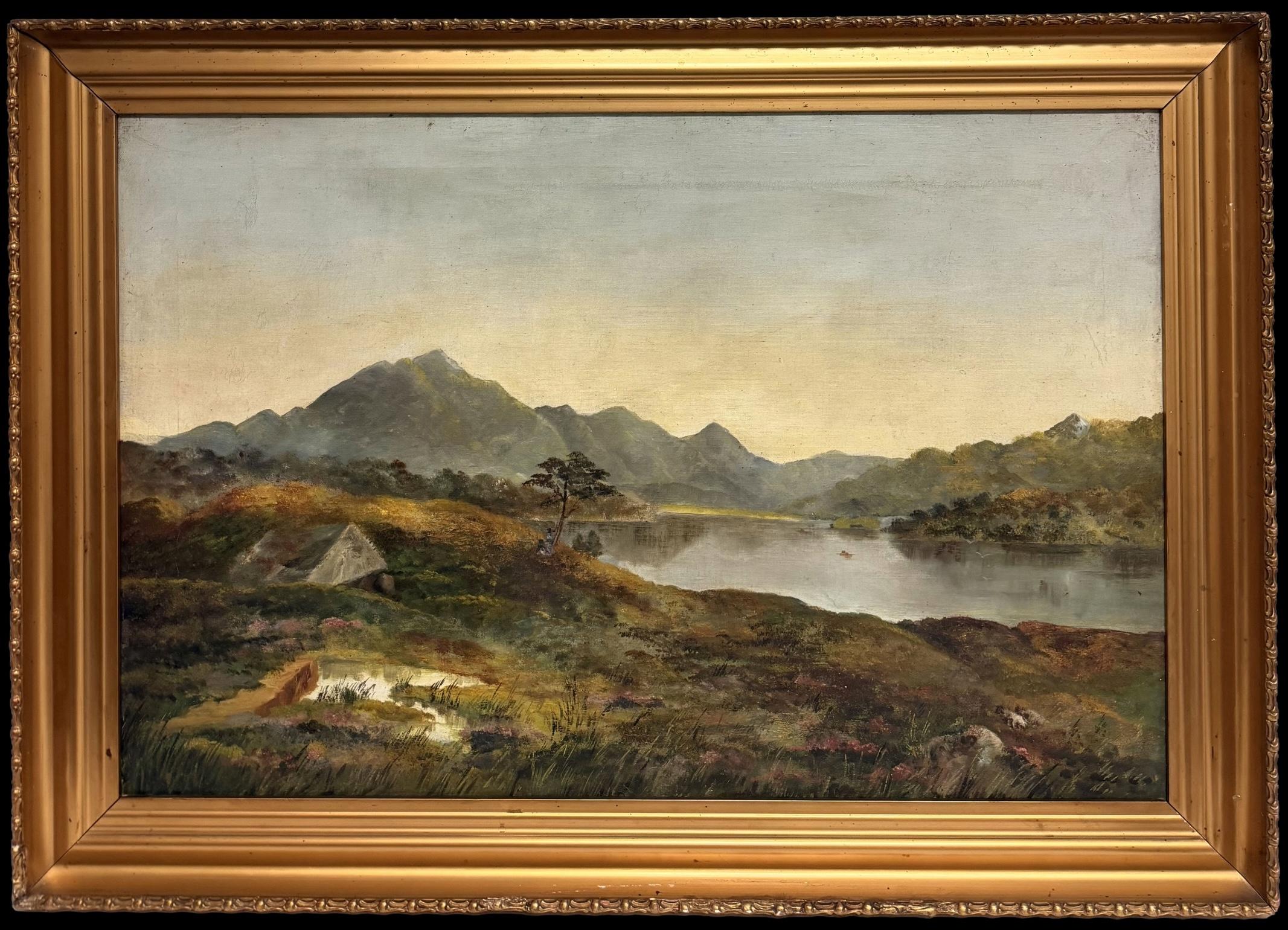 Very Large Antique Scottish Highland Loch Scene Old Cottage Beautiful Atmosphere