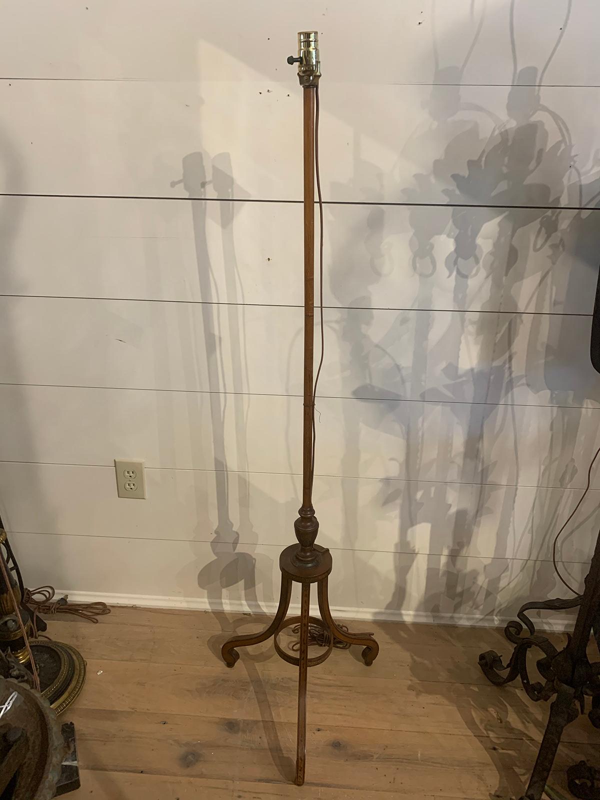 Wood 19th Century English Screen Pole as Floor Lamp with Painted Detail