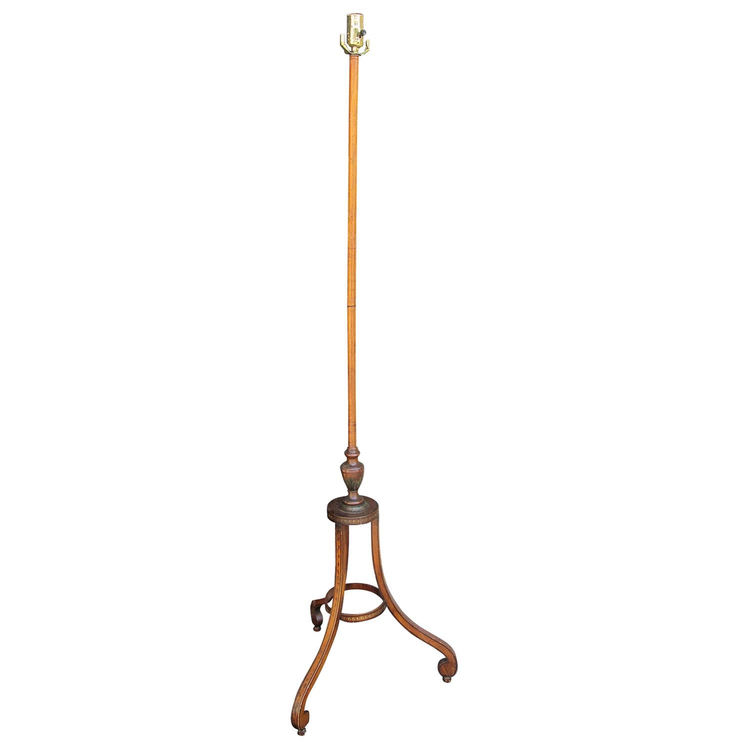 19th Century English Screen Pole as Floor Lamp with Painted Detail