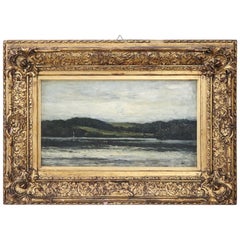 19th Century English Sea Landscape Oil Painting on Canvas with Golden Frame