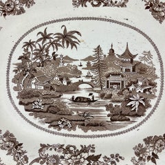 19th Century English Sepia Transferware Chinoiserie Pagodas Shallow Oval Bowl
