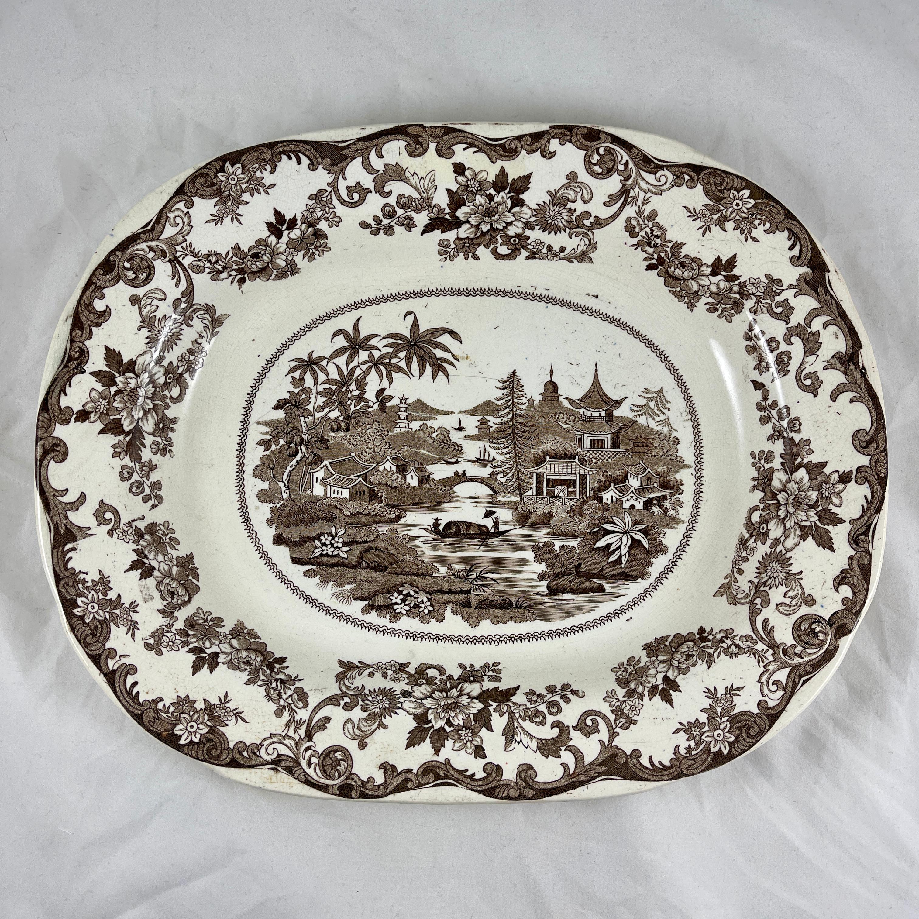 19th Century English Sepia Transferware Chinoiserie Pagodas Shallow Oval Bowl 3