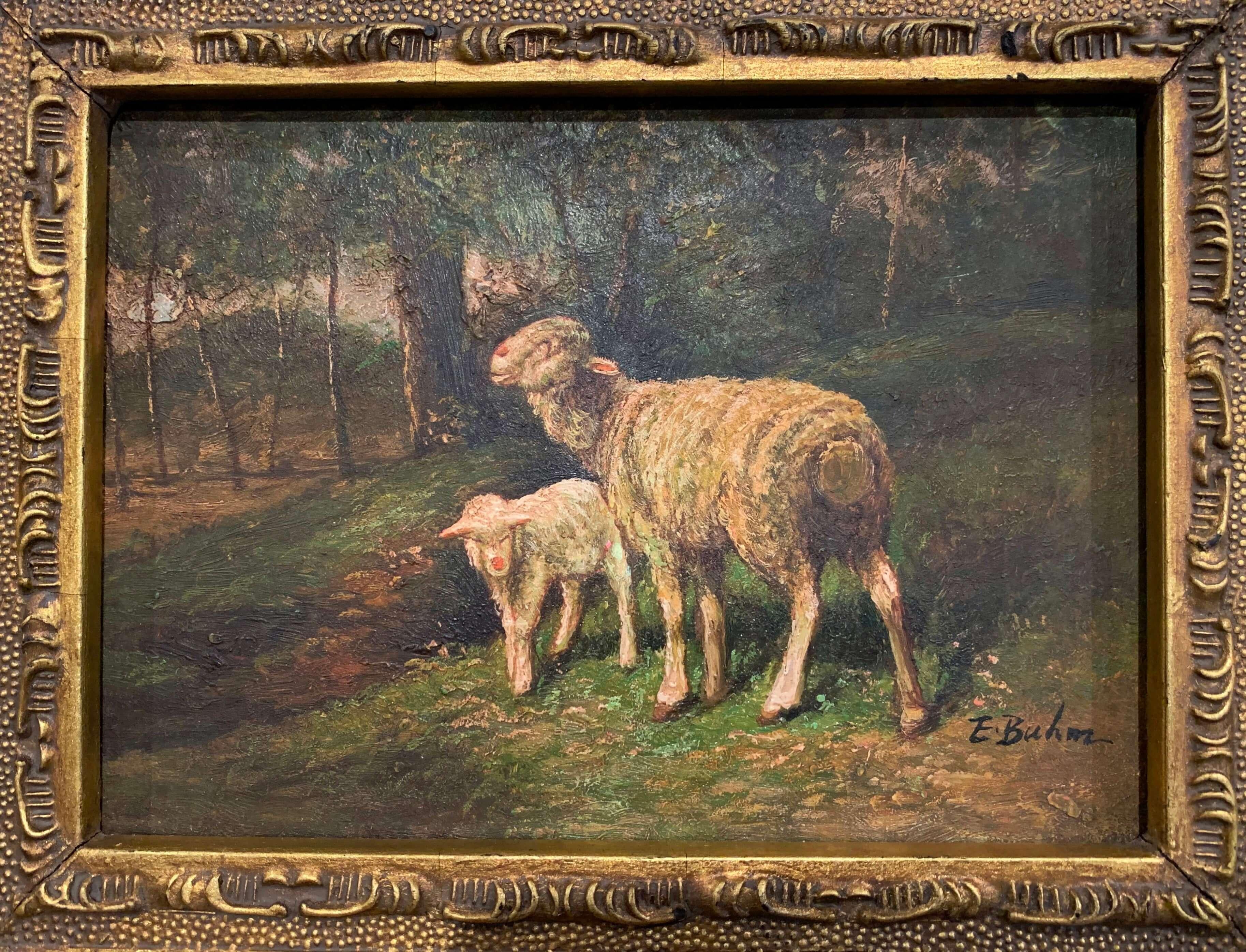 This antique sheep oil painting on board was created in England, circa 1880. The bucolic composition is set in its original, carved gilt frame, which is labeled with provenance on the back for further authentication. The Classic subject matter