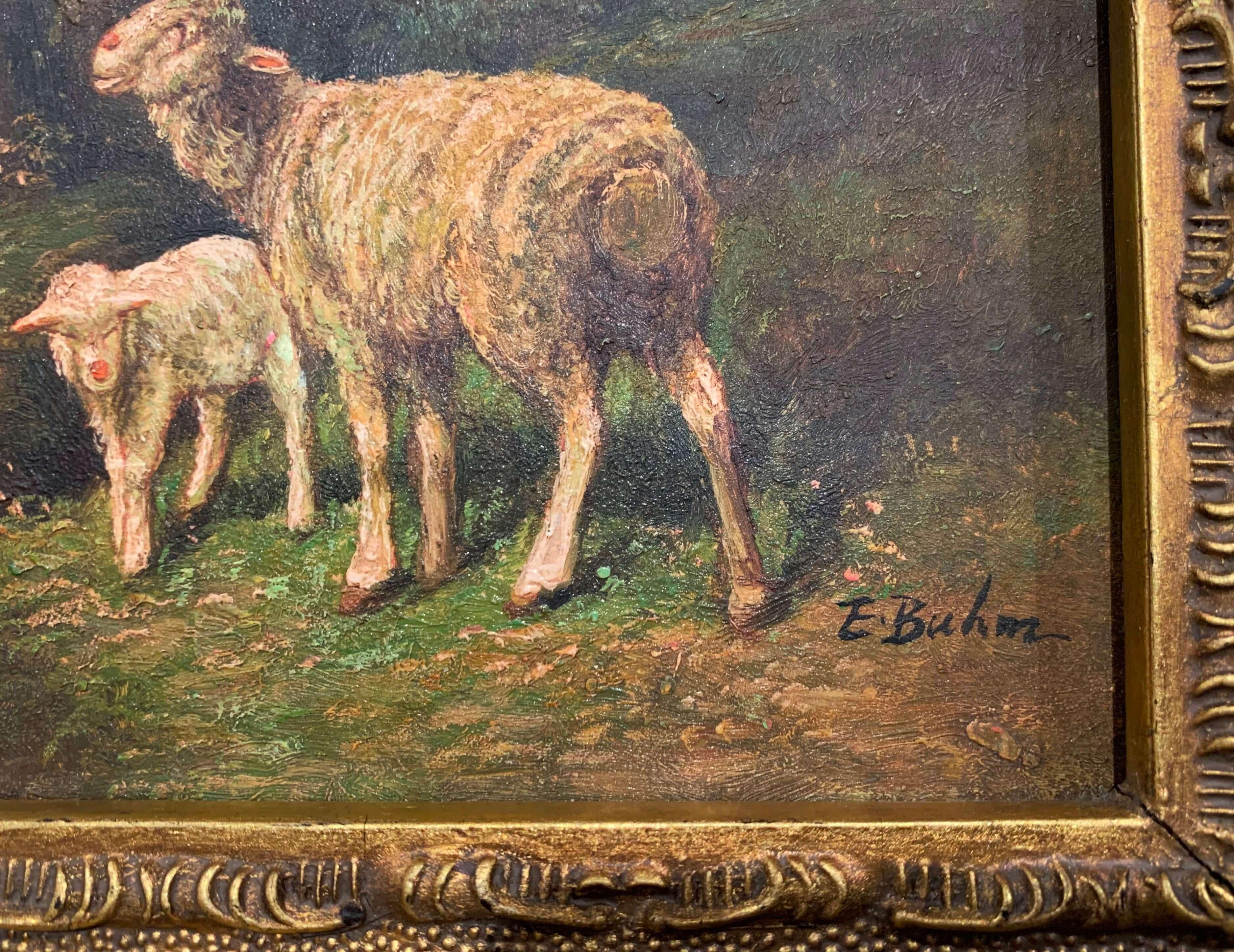 Hand-Painted 19th Century English Sheep Painting on Board in Gilt Frame Signed E. Buhm