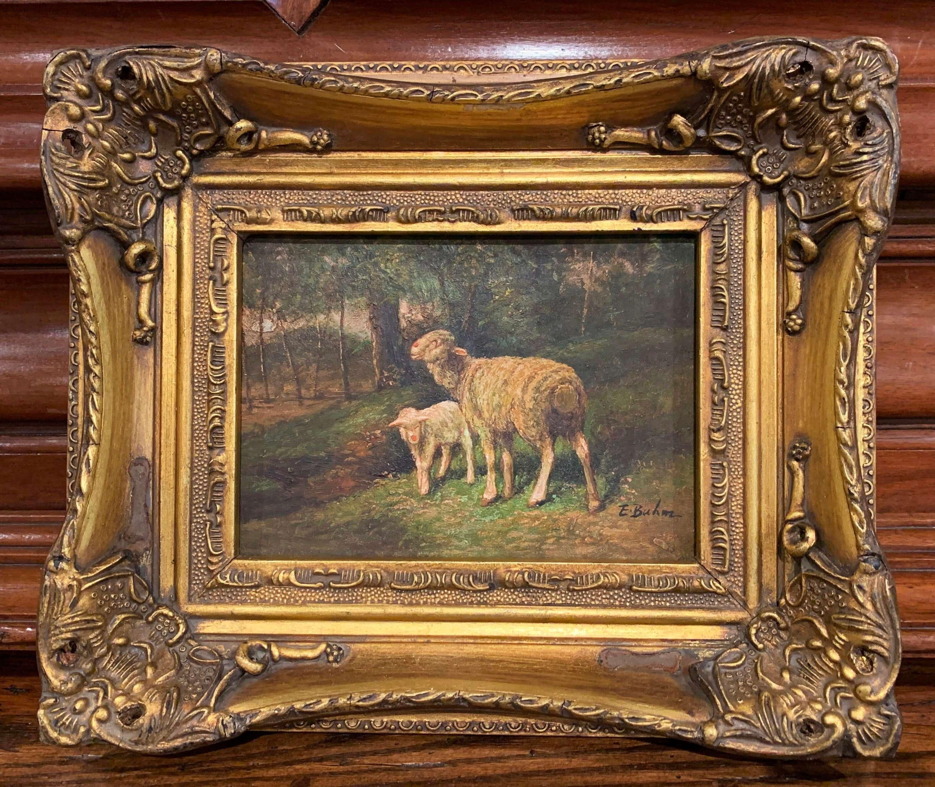 19th Century English Sheep Painting on Board in Gilt Frame Signed E. Buhm In Excellent Condition In Dallas, TX