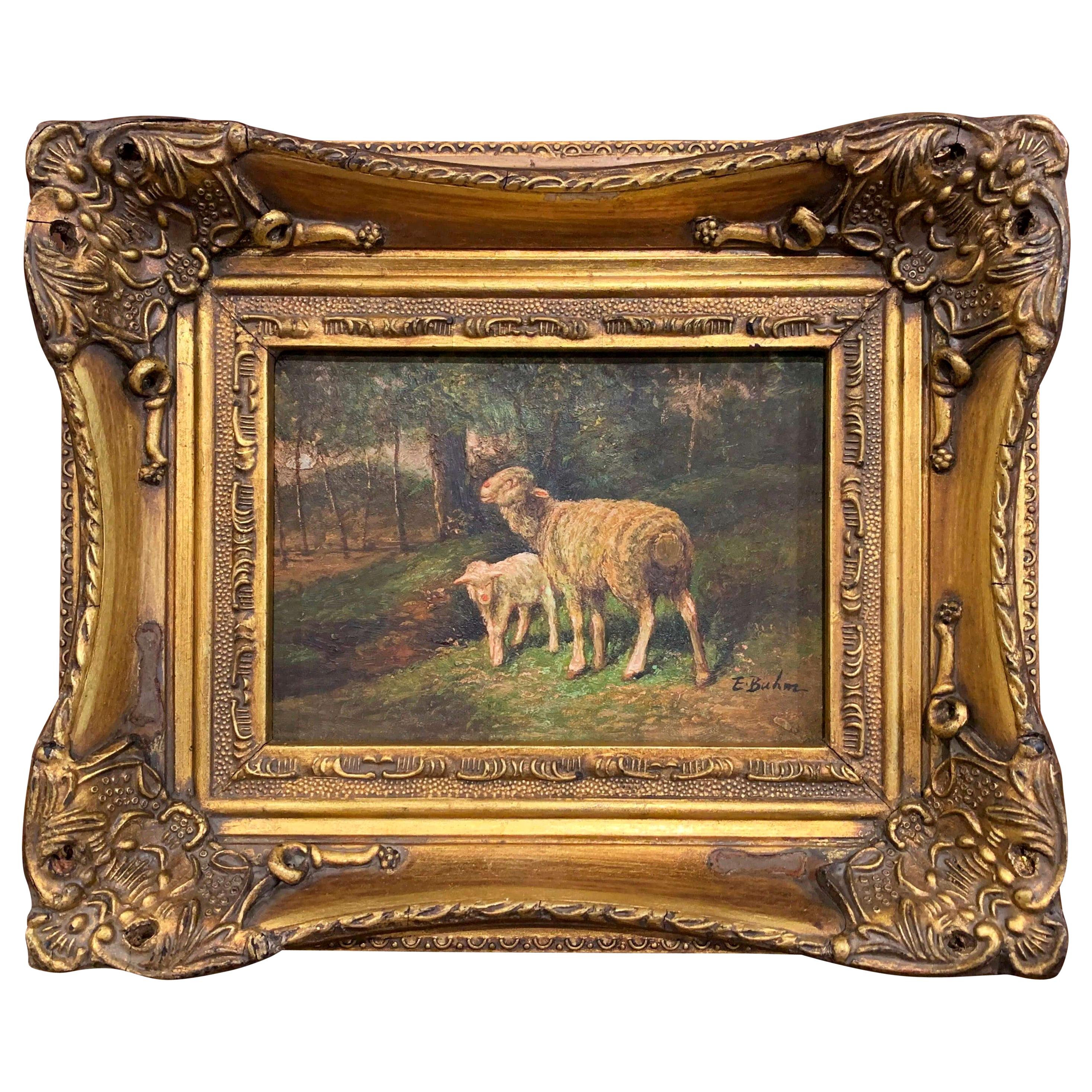 19th Century English Sheep Painting on Board in Gilt Frame Signed E. Buhm