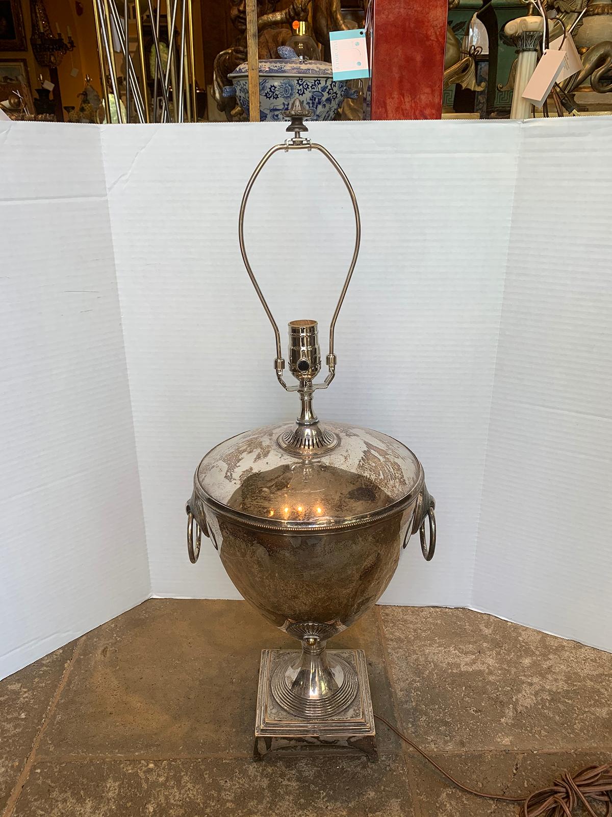 19th century English Sheffield silver plate hot water urn as lamp
New wiring.