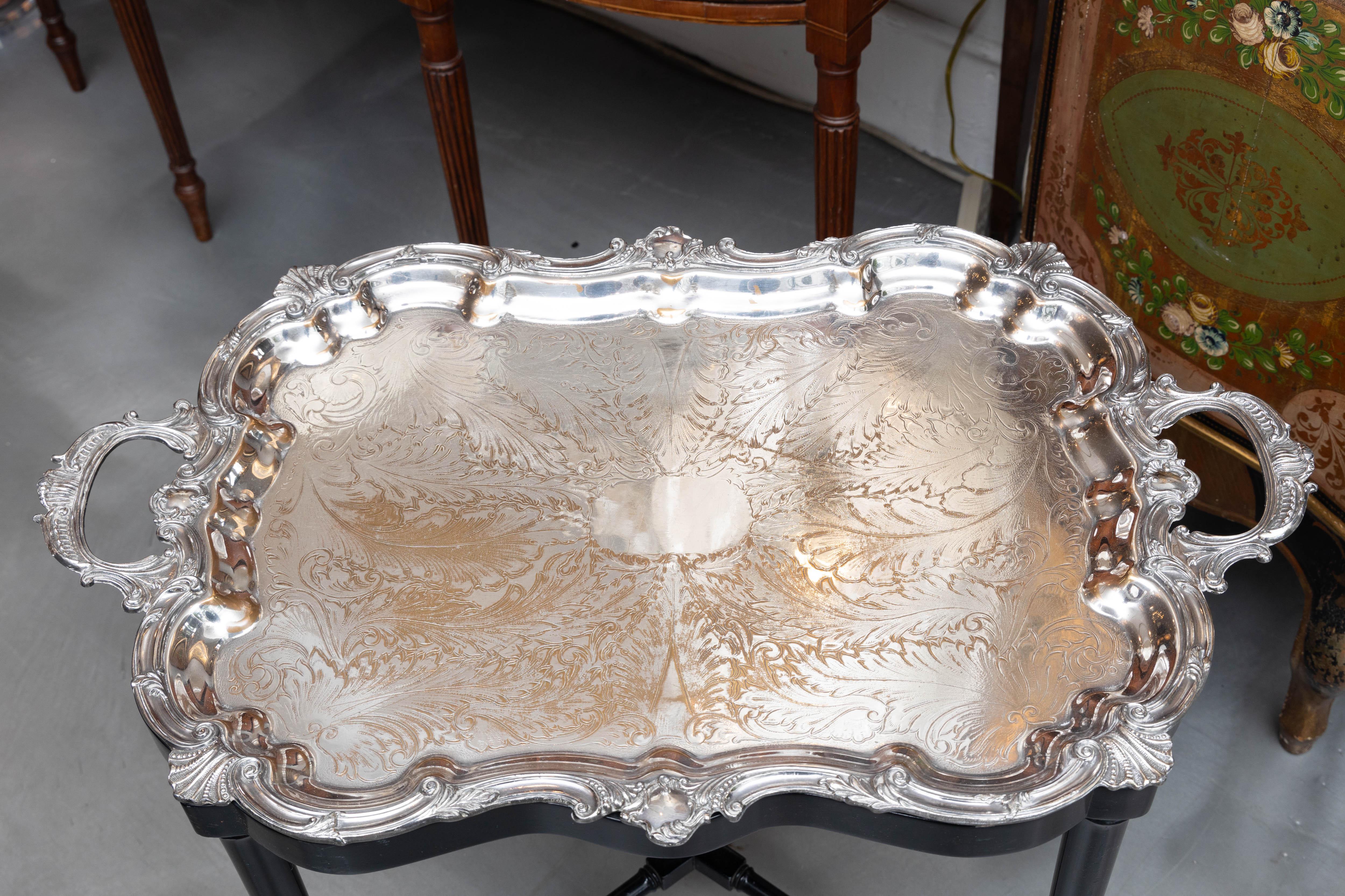 19th Century English Sheffield Silver Tray on Later Stand In Good Condition For Sale In WEST PALM BEACH, FL