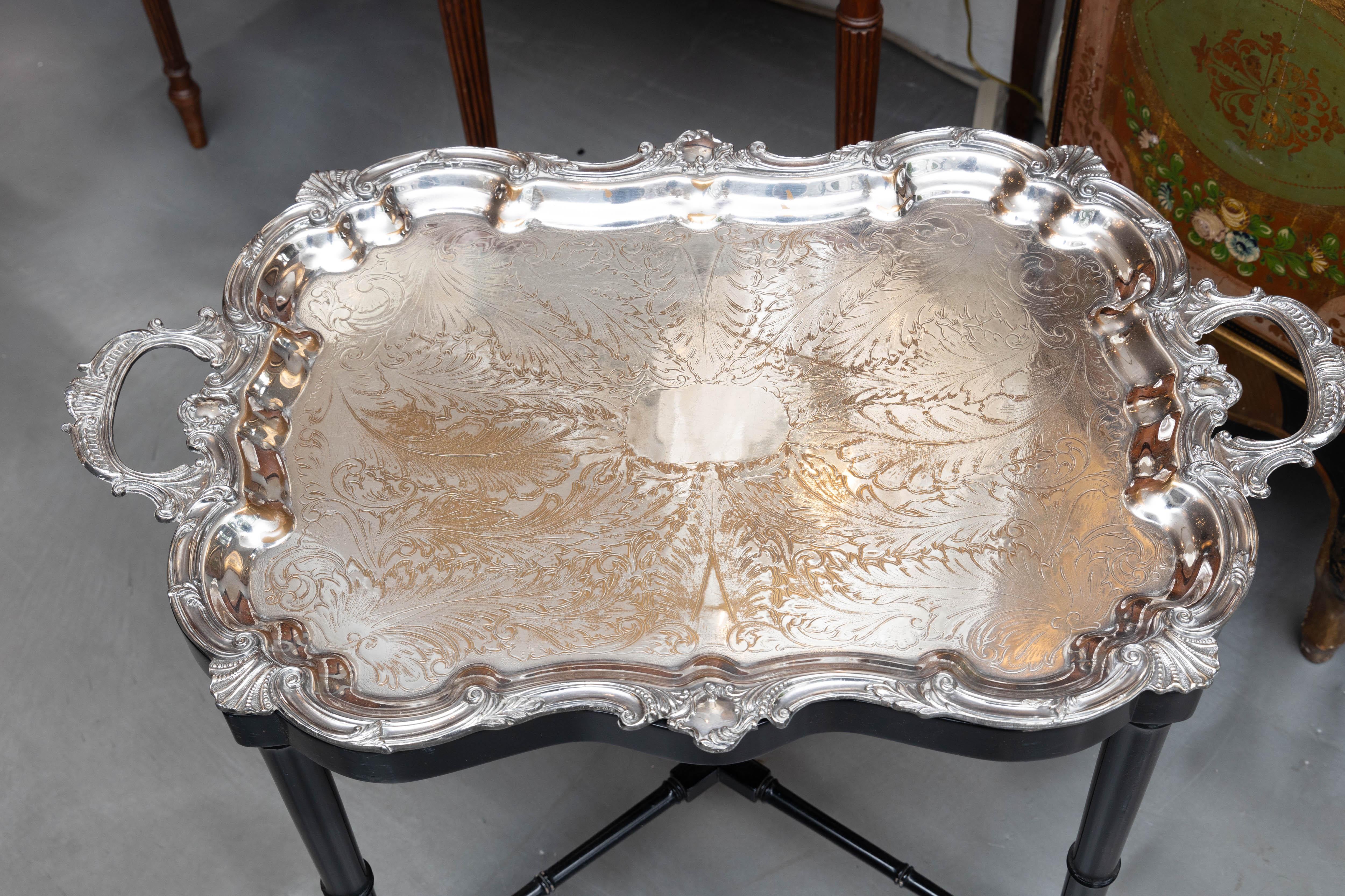 Silver Plate 19th Century English Sheffield Silver Tray on Later Stand For Sale