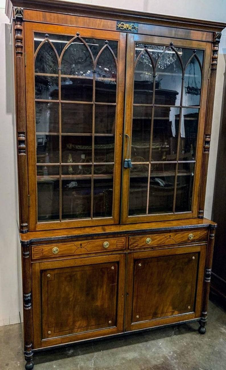 Inlay 19th Century English Sheraton Bookcase Cabinet For Sale