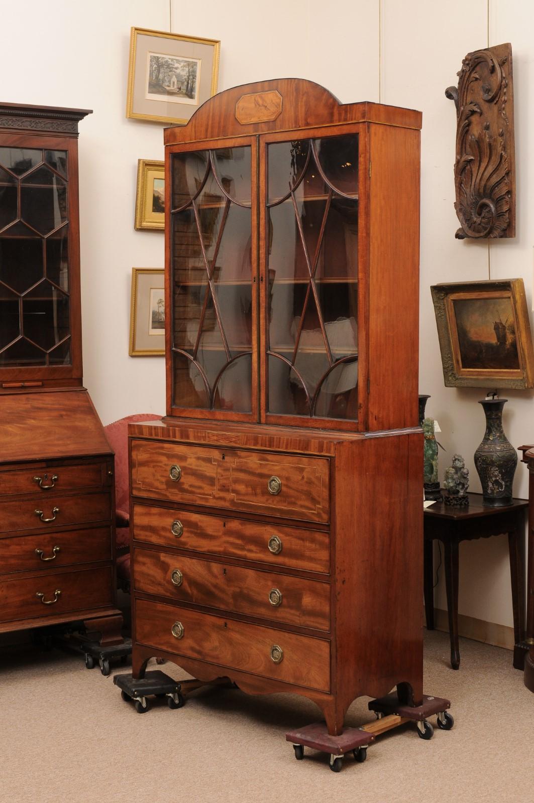 19th Century English Sheraton Style Mahogany Inlaid Secretary Bookcase  12