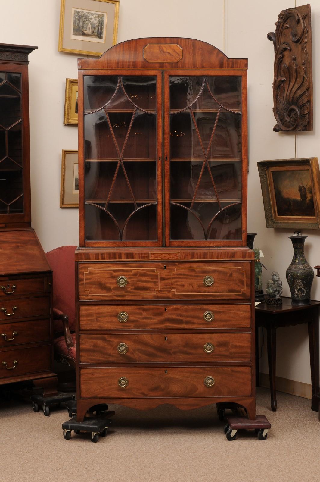 19th Century English Sheraton Style Mahogany Inlaid Secretary Bookcase  13