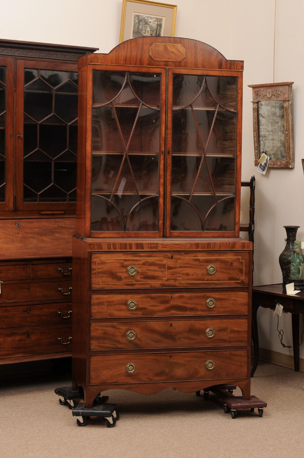 19th Century English Sheraton Style Mahogany Inlaid Secretary Bookcase  In Good Condition In Atlanta, GA