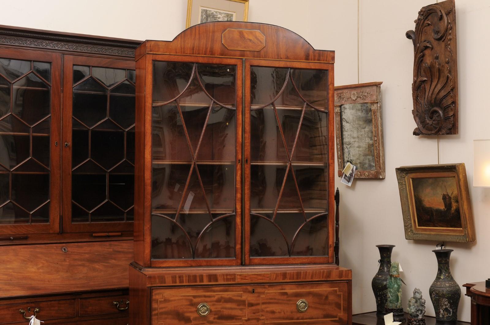 19th Century English Sheraton Style Mahogany Inlaid Secretary Bookcase  1