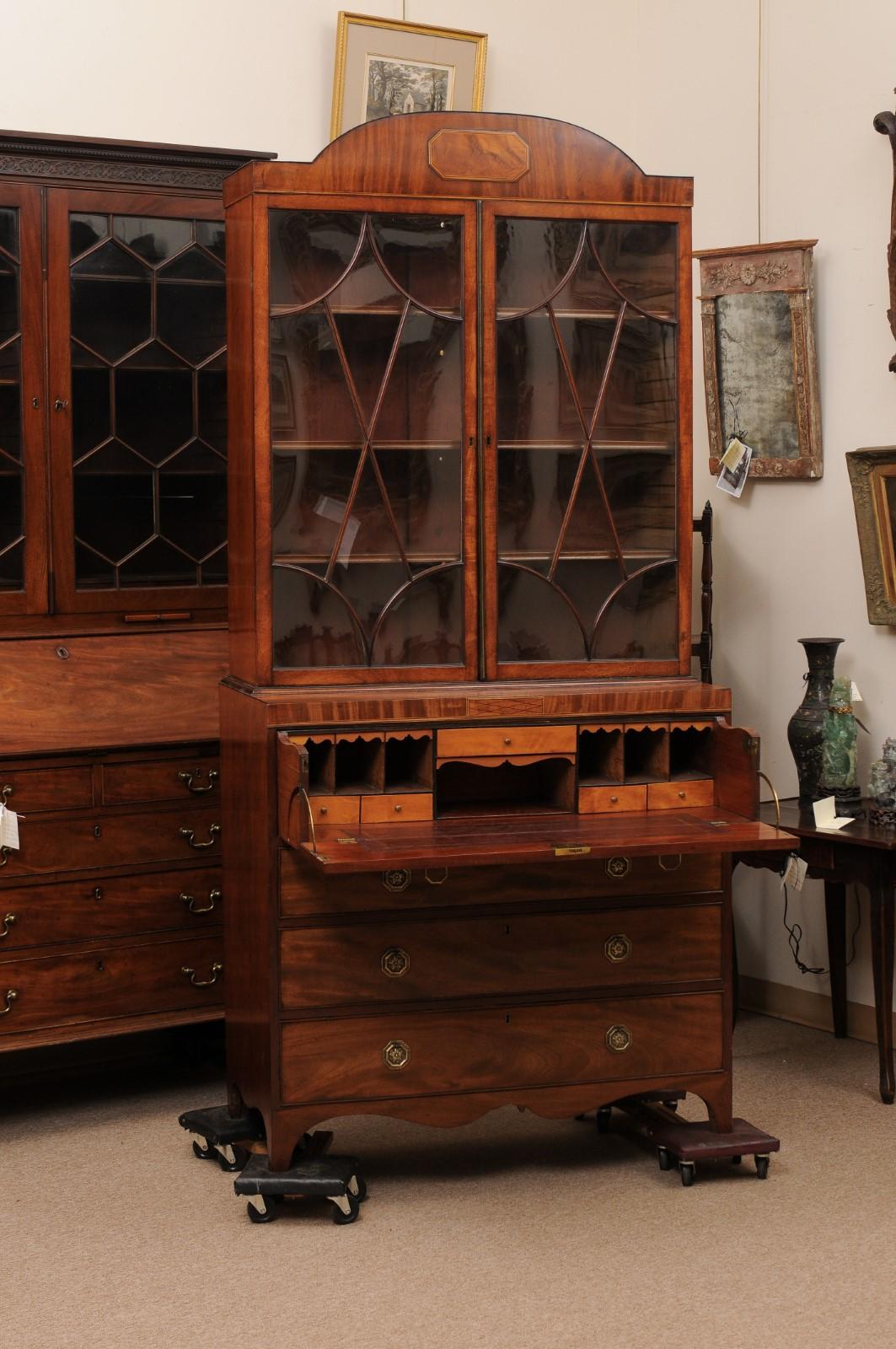 19th Century English Sheraton Style Mahogany Inlaid Secretary Bookcase  3