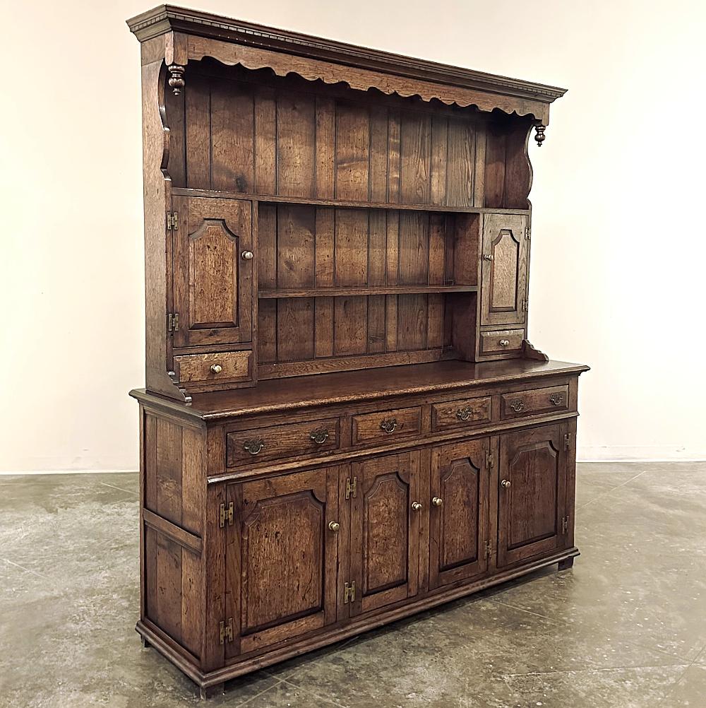 19th Century English Sideboard ~ Welsh Cupboard will make a splendid addition to your home!  Combining an open plate display with cup storage, flatware and linen storage, and everything else in the lower cabinets ~ all with a convenient serving
