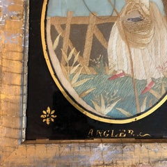 19th Century English Silk Embroidery of Woman Fishing