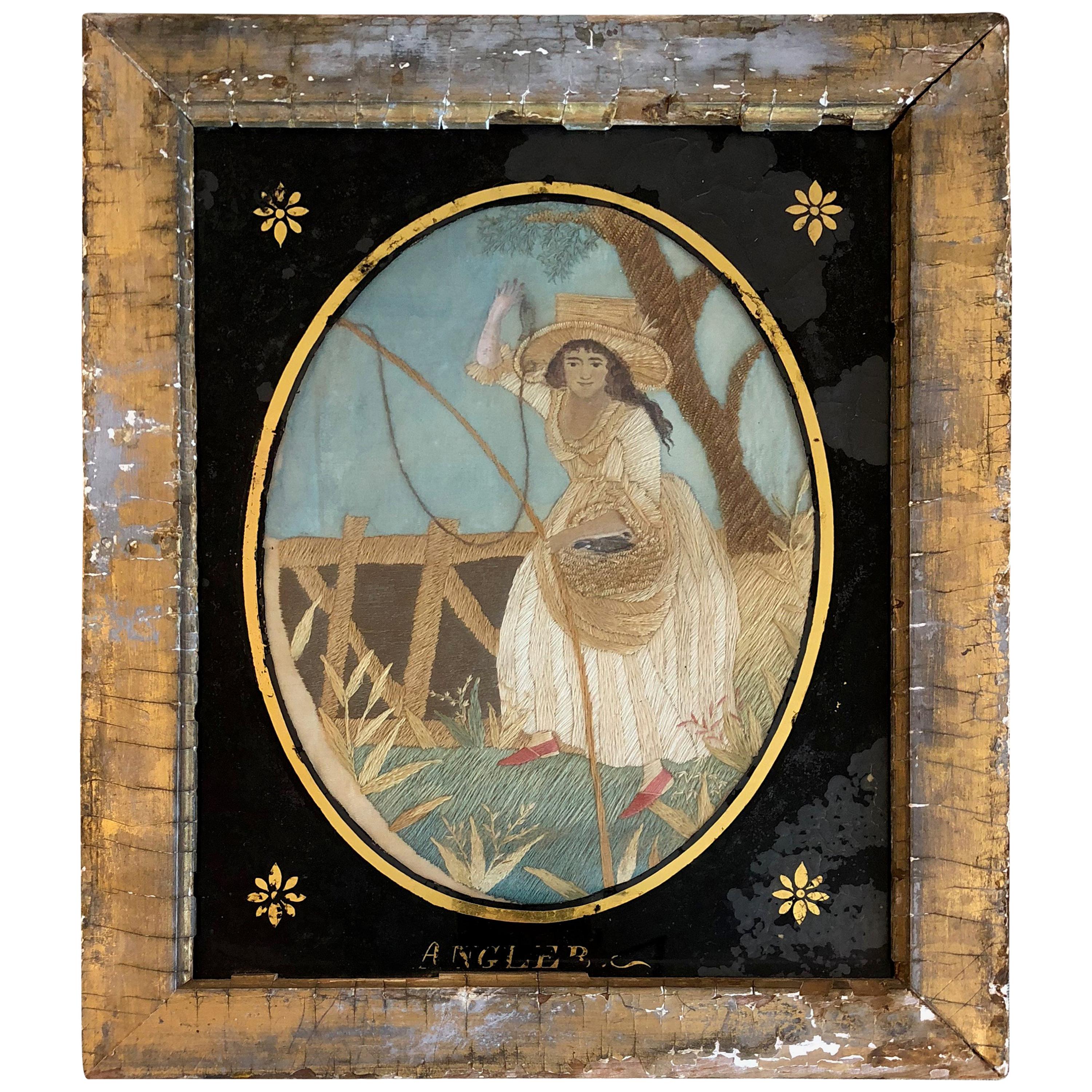 19th Century English Silk Embroidery of Woman Fishing For Sale
