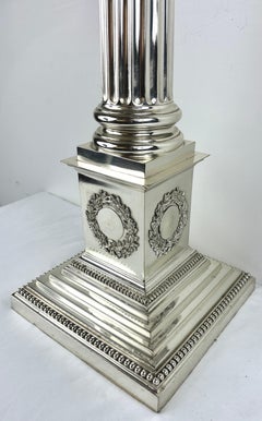 19th Century English Silver and Crystal Columnar Form Banquet lamp