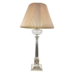19th Century English Silver and Crystal Columnar Form Banquet lamp