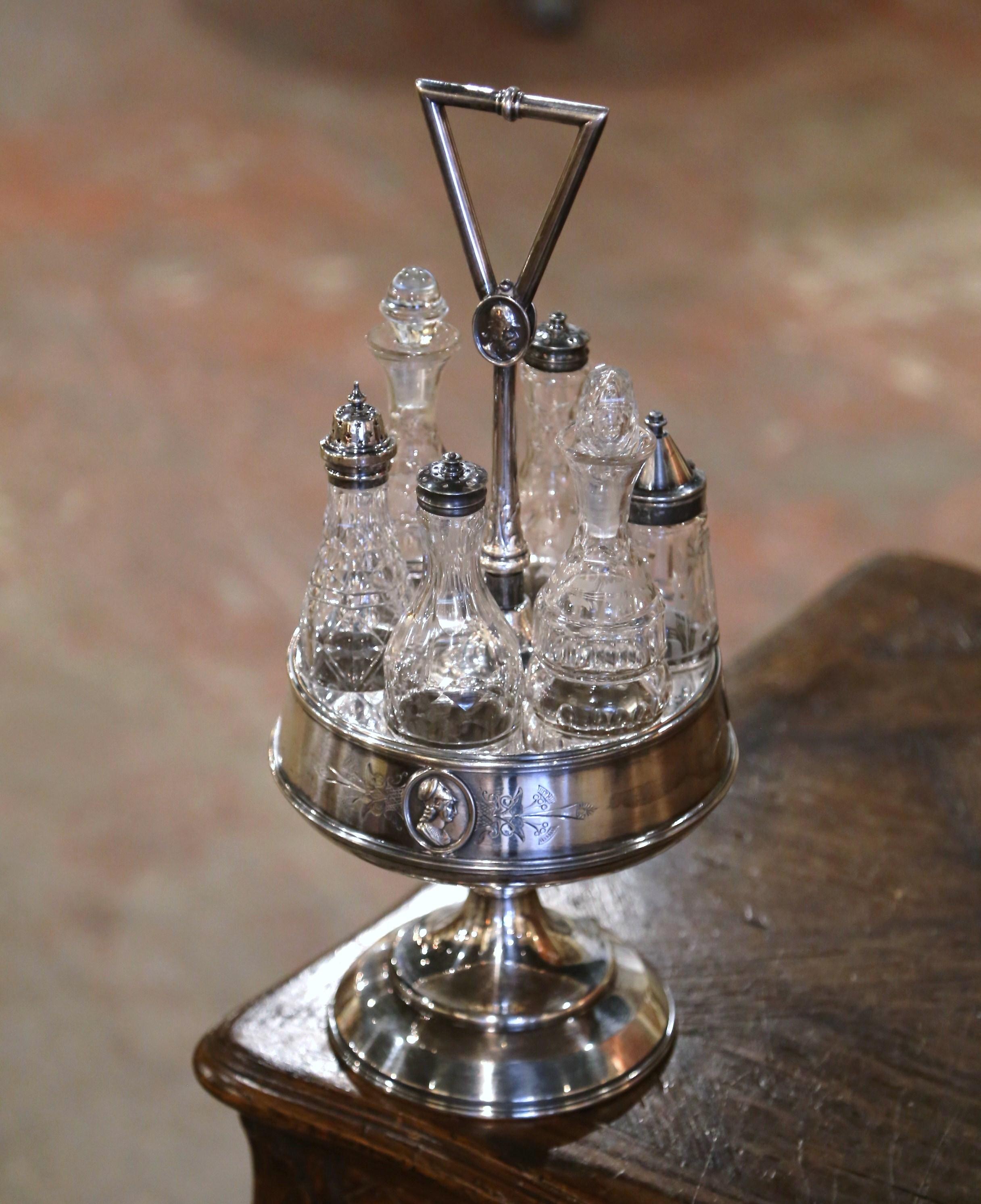 19th Century English Silver and Crystal Cruet Set Complete with Six Bottles For Sale 1