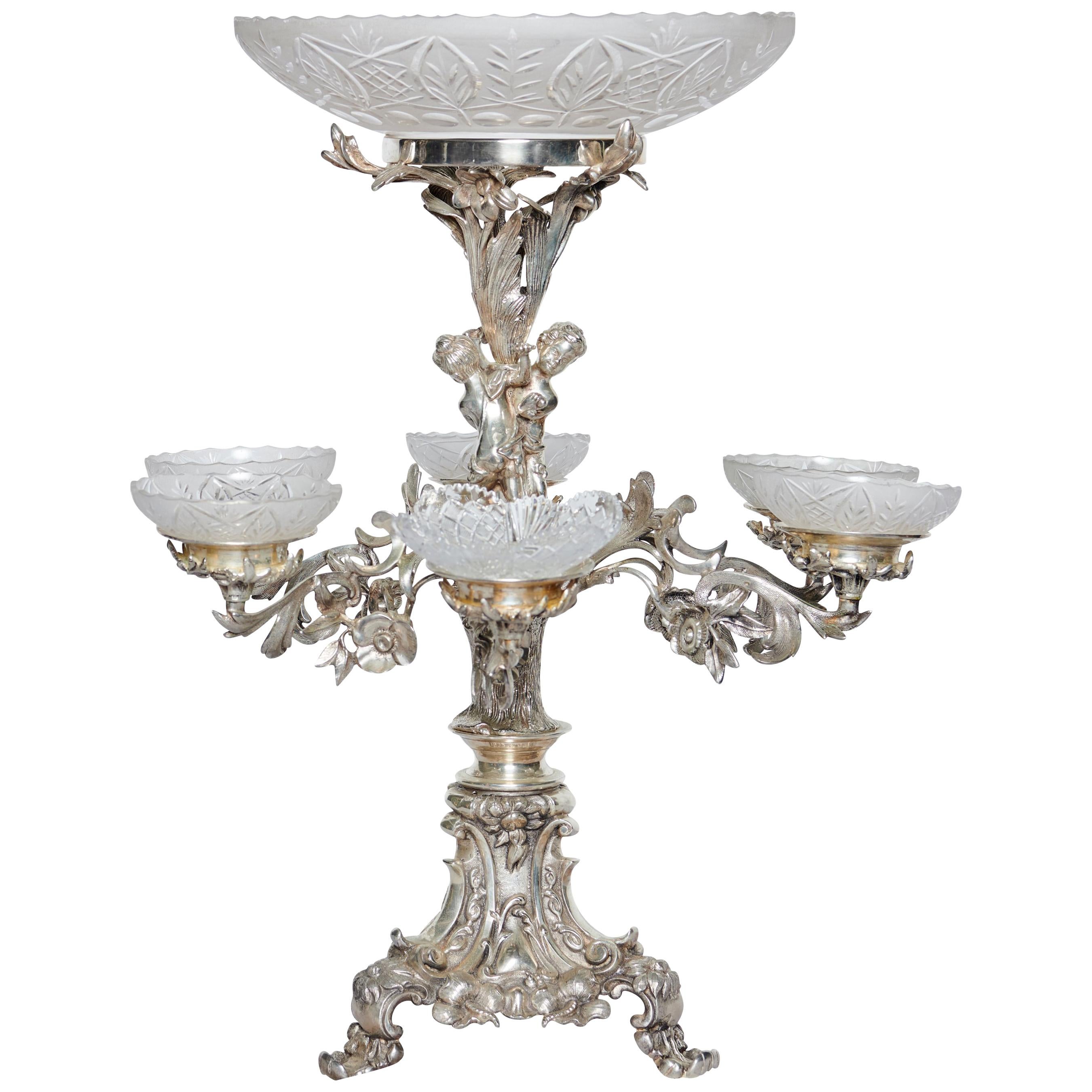19th Century, English Silver and Crystal Figural Epergne For Sale