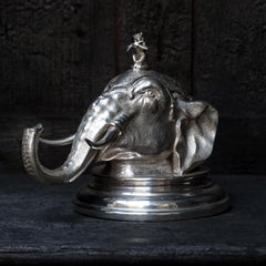 19th Century English Silver Plated Elephant Inkwell with Little Monkey