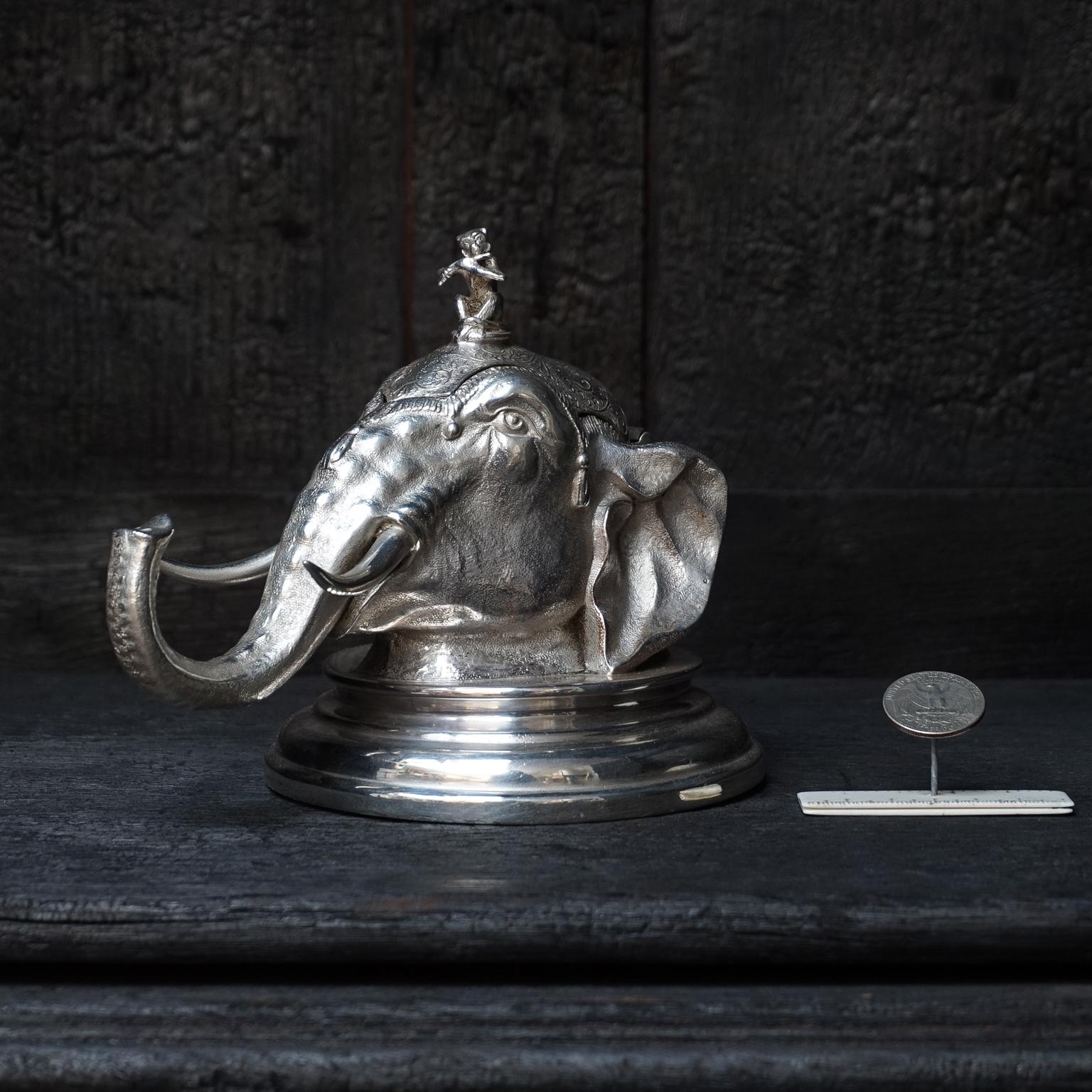 Victorian 19th Century English Silver Plated Elephant Inkwell with Little Monkey