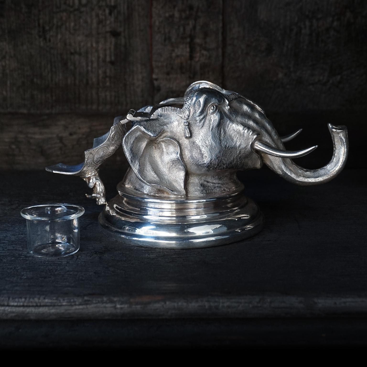 Glass 19th Century English Silver Plated Elephant Inkwell with Little Monkey