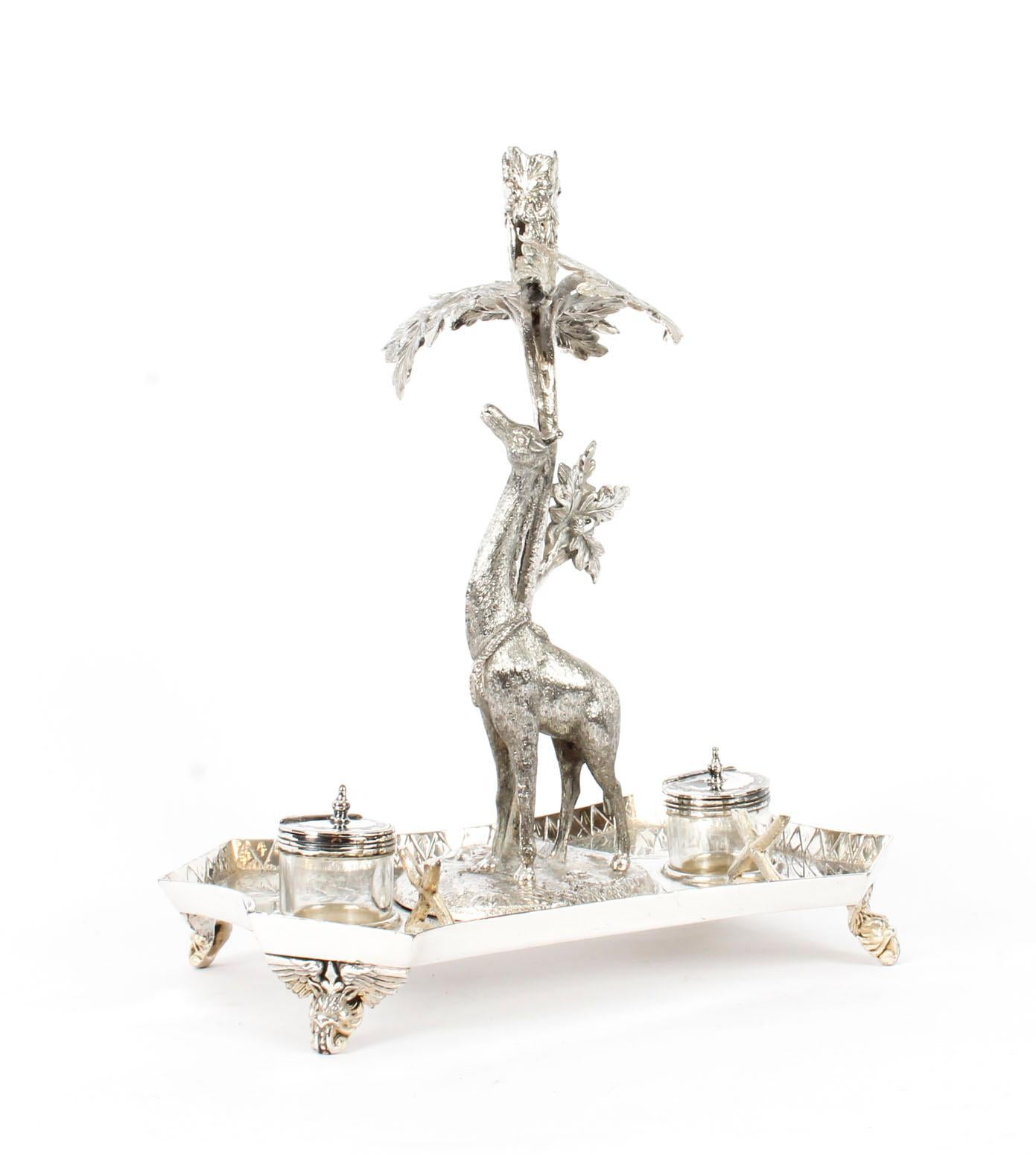 This is a magnificent novelty silver plated desk set, circa 1880 in date.

The desk set bears the mark of James Deakin & Sons, Sheffield.
 
The desk set comprises of an unusually shaped tray which stands on four attractive figural birds feet.