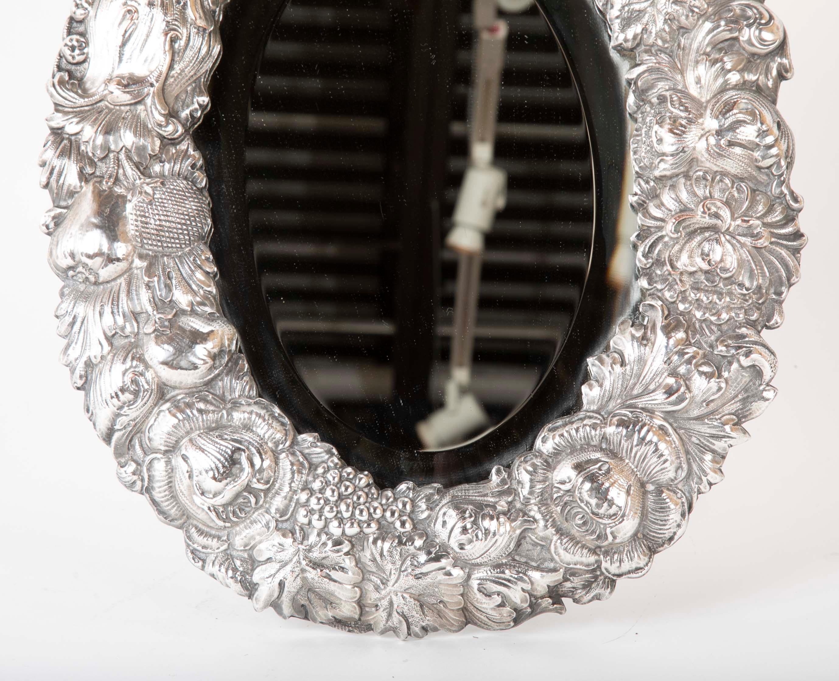 Repoussé 19th Century English Silver Plated Oval Vanity Mirror