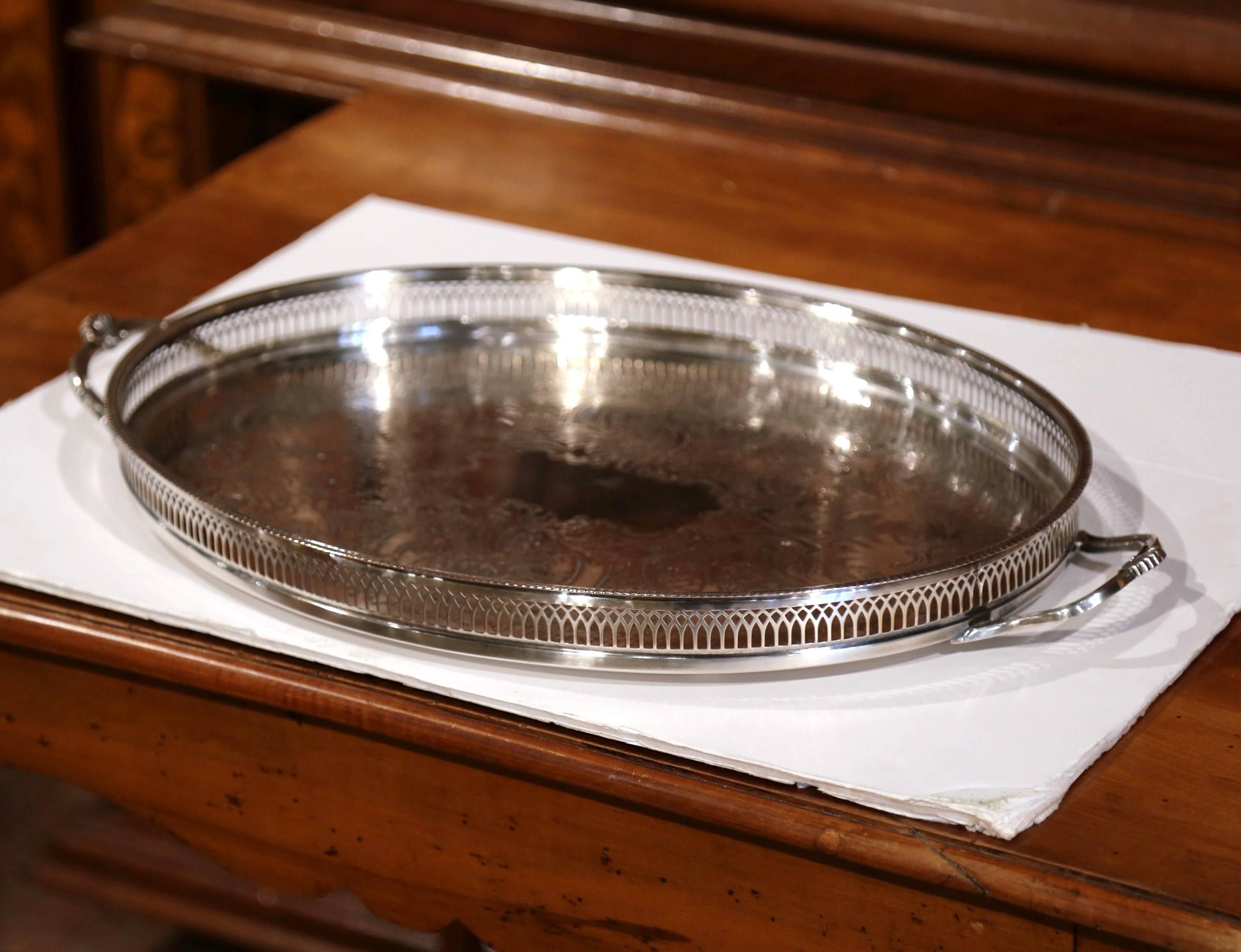 19th Century English Silver Plated Oval Tray with Engraved Decor and Stamped 1