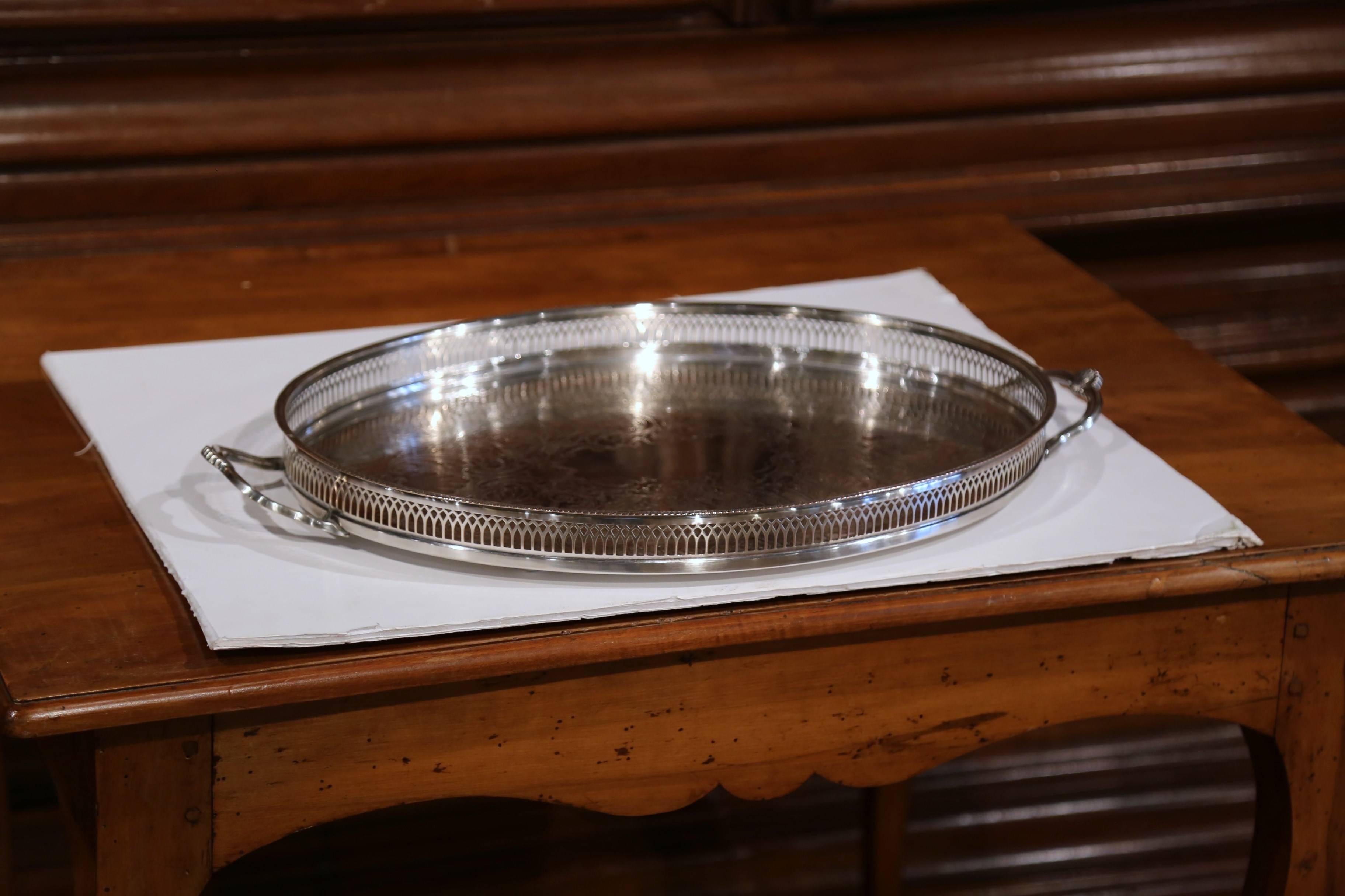 19th Century English Silver Plated Oval Tray with Engraved Decor and Stamped 2