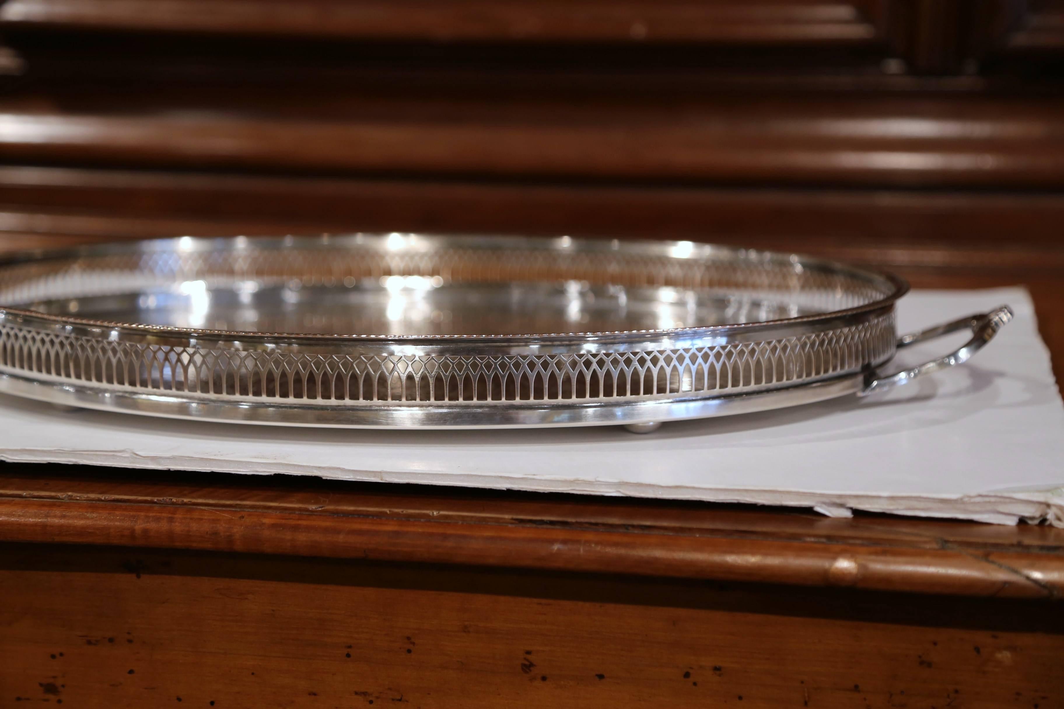 19th Century English Silver Plated Oval Tray with Engraved Decor and Stamped 3