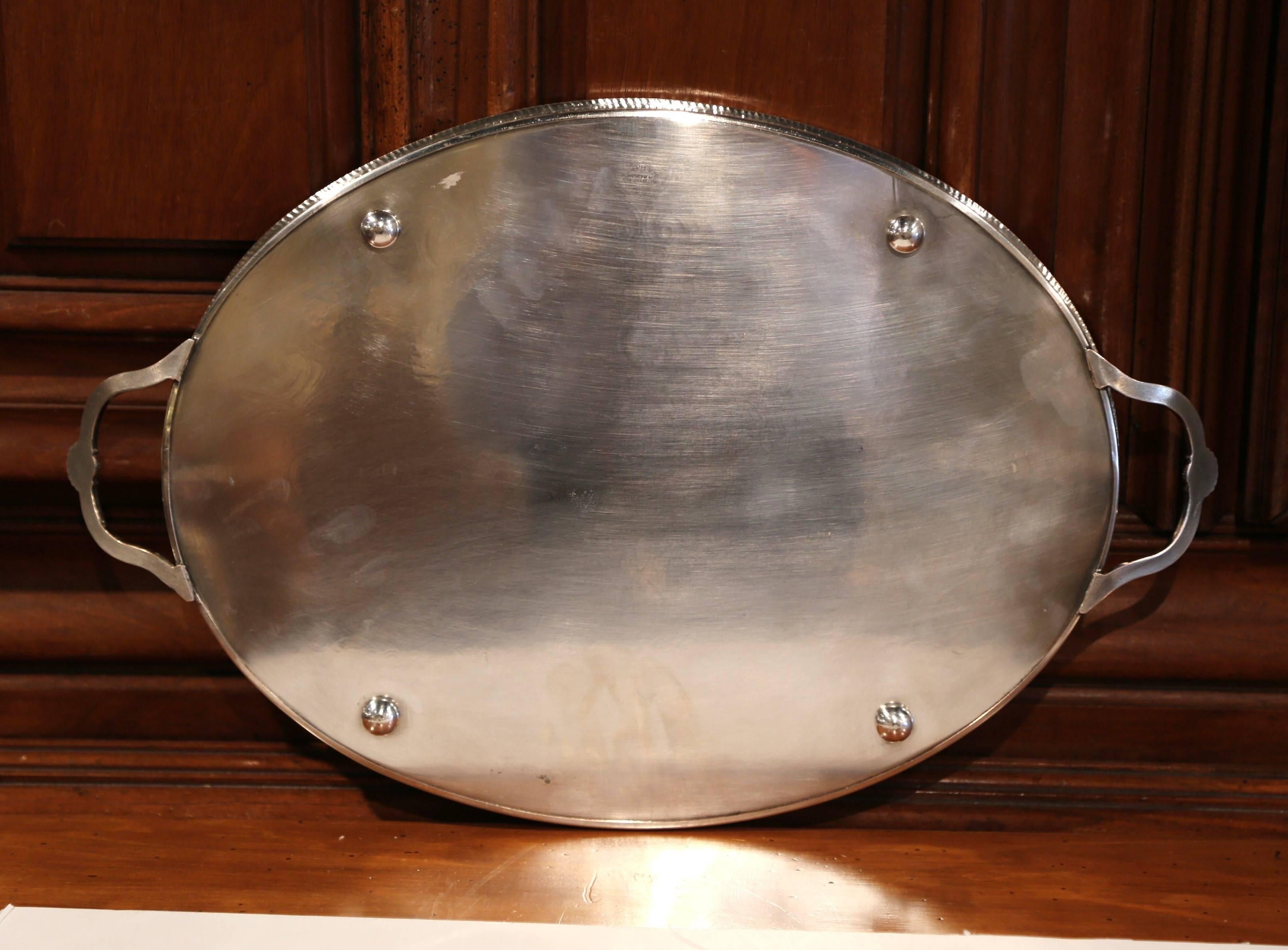19th Century English Silver Plated Oval Tray with Engraved Decor and Stamped 4