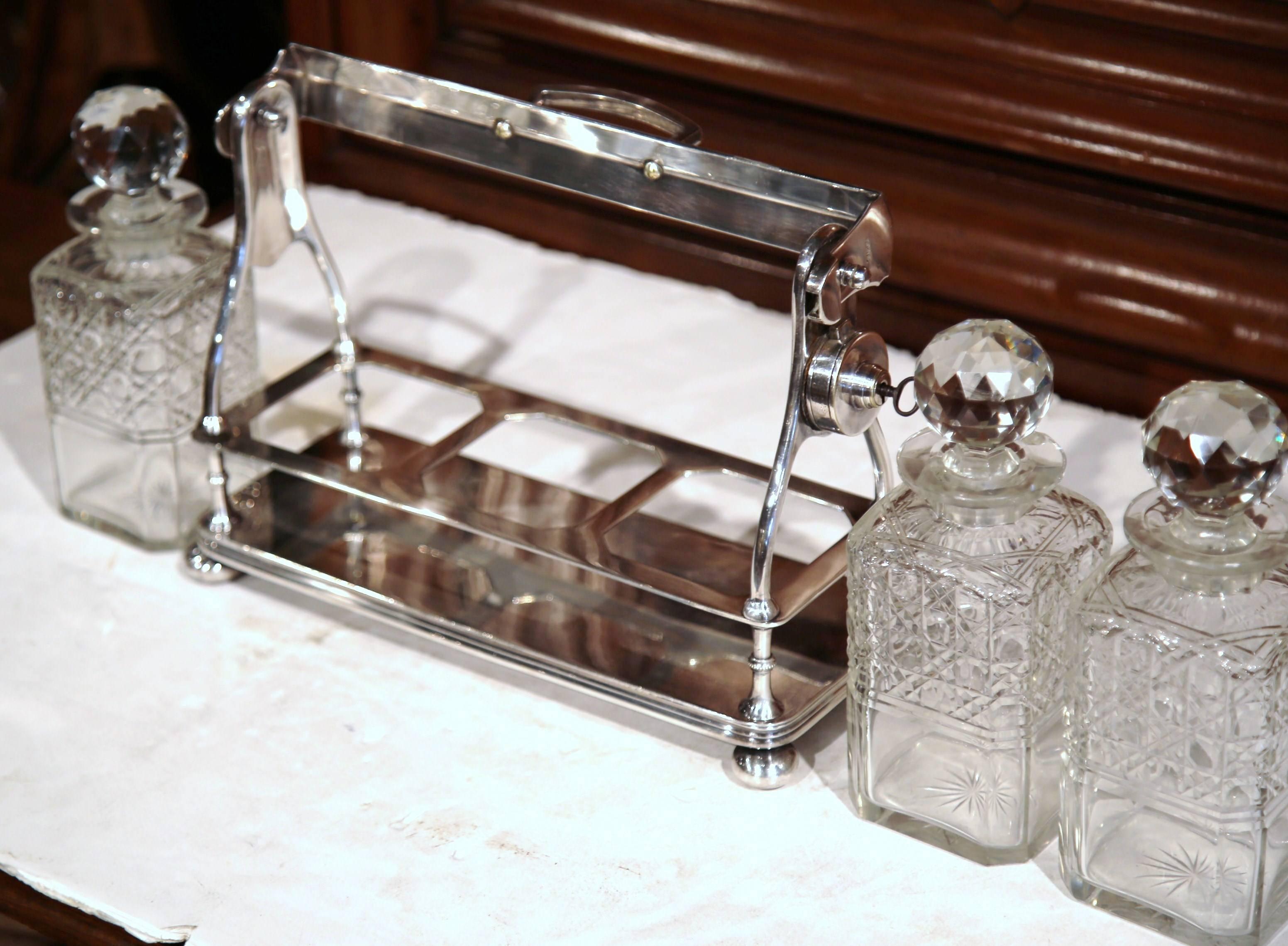 Hand-Crafted 19th Century English Silver Plated Three-Carafe Bar Tantalus with Lock Mechanism For Sale