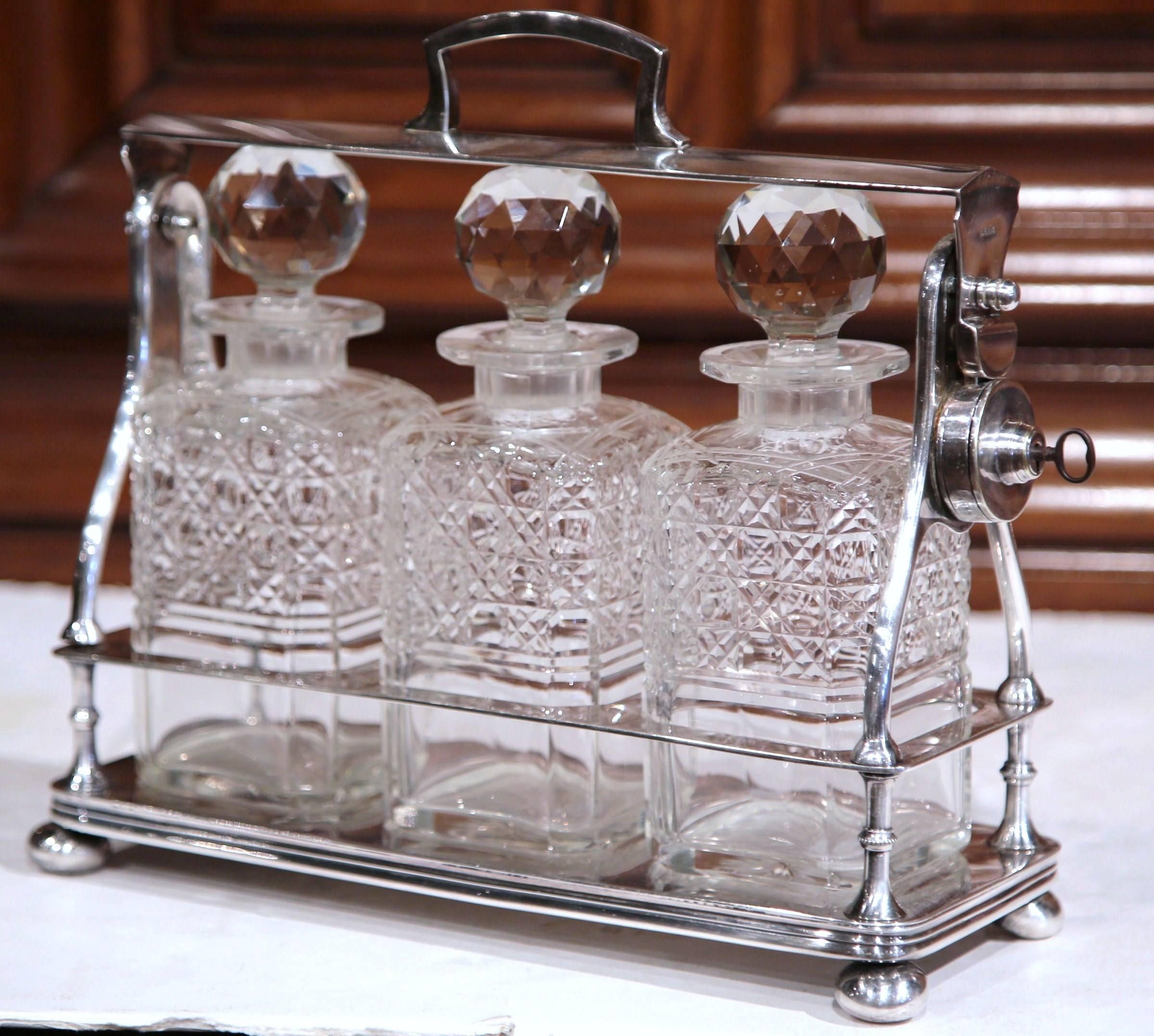 19th Century English Silver Plated Three-Carafe Bar Tantalus with Lock Mechanism In Good Condition For Sale In Dallas, TX