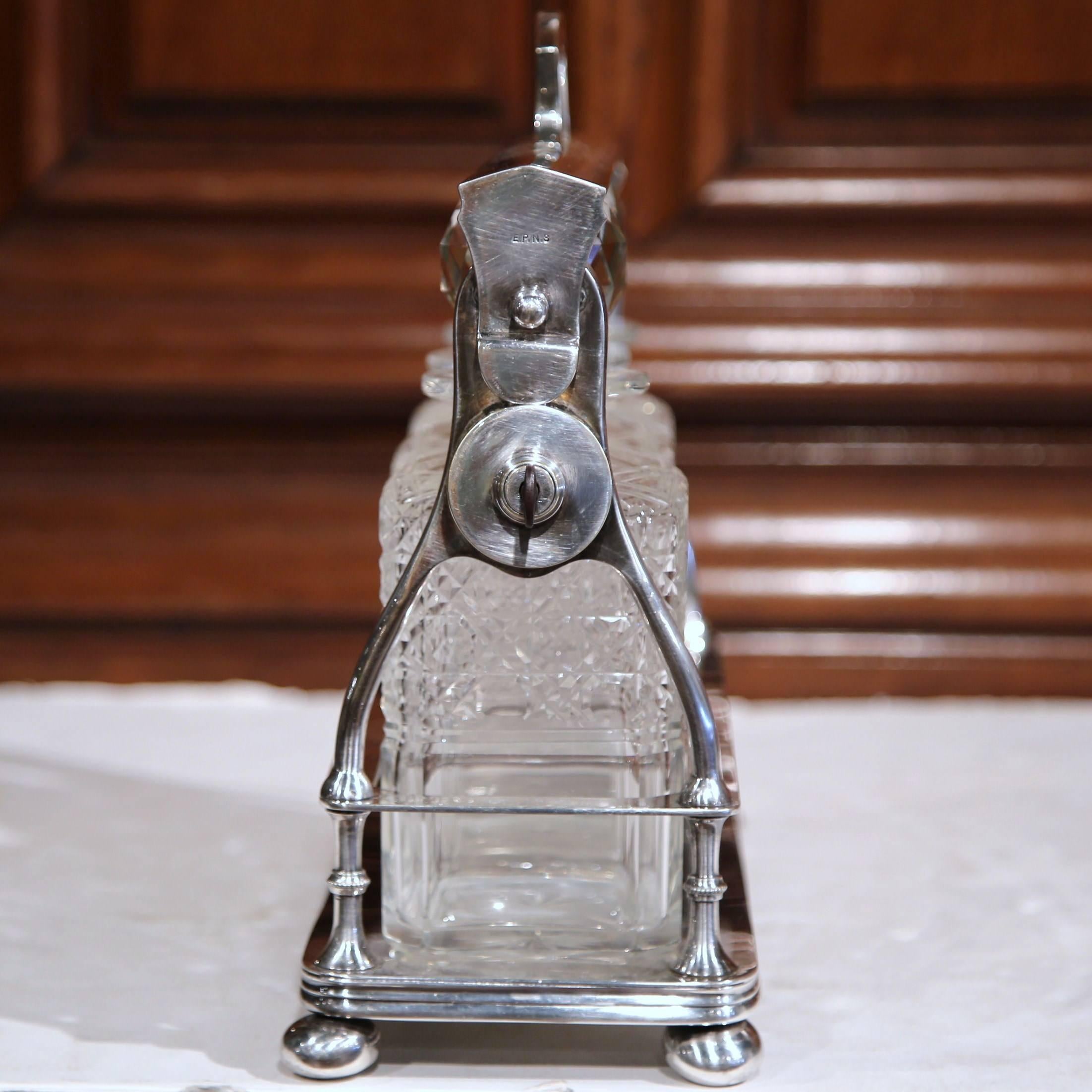 19th Century English Silver Plated Three-Carafe Bar Tantalus with Lock Mechanism For Sale 2
