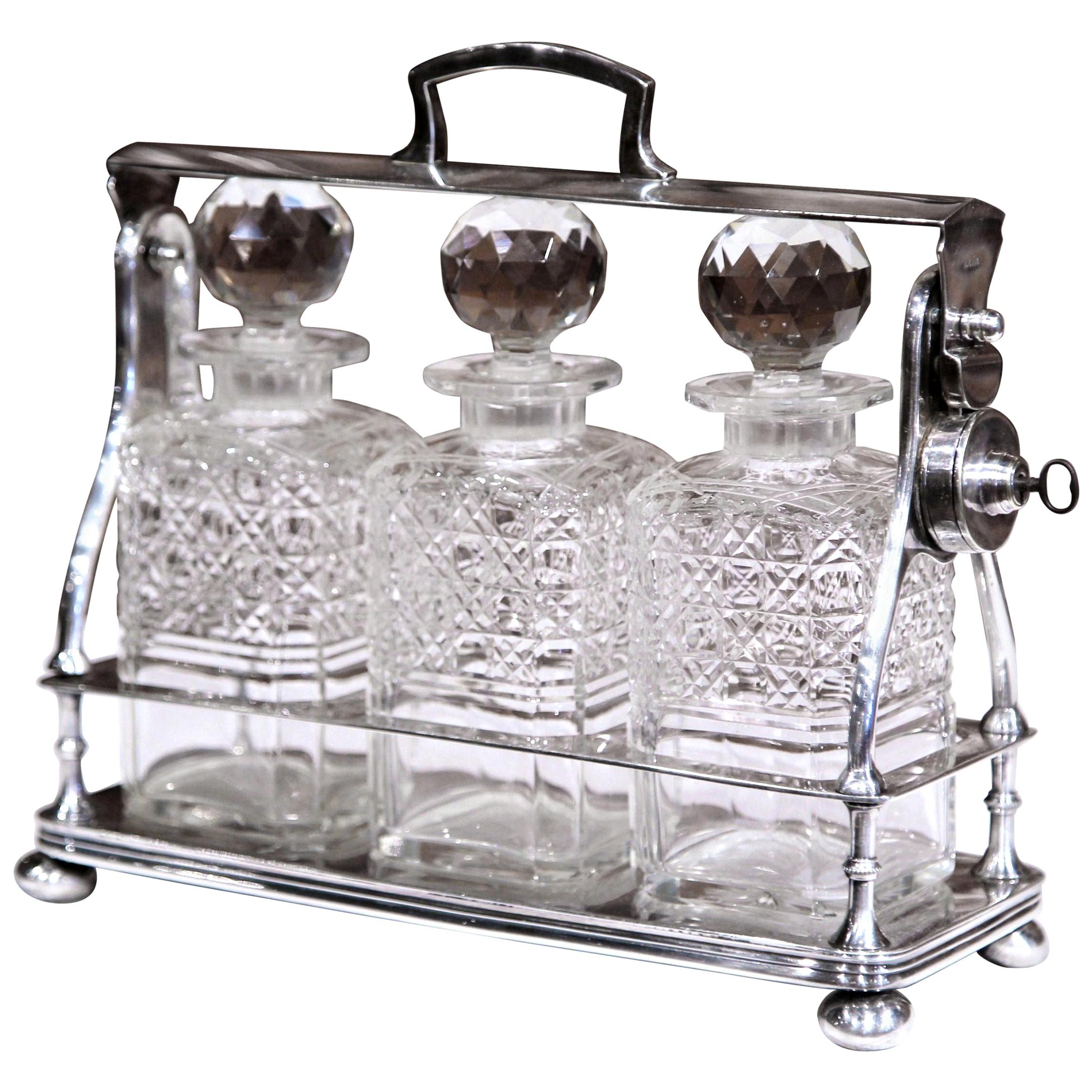 19th Century English Silver Plated Three-Carafe Bar Tantalus with Lock Mechanism For Sale