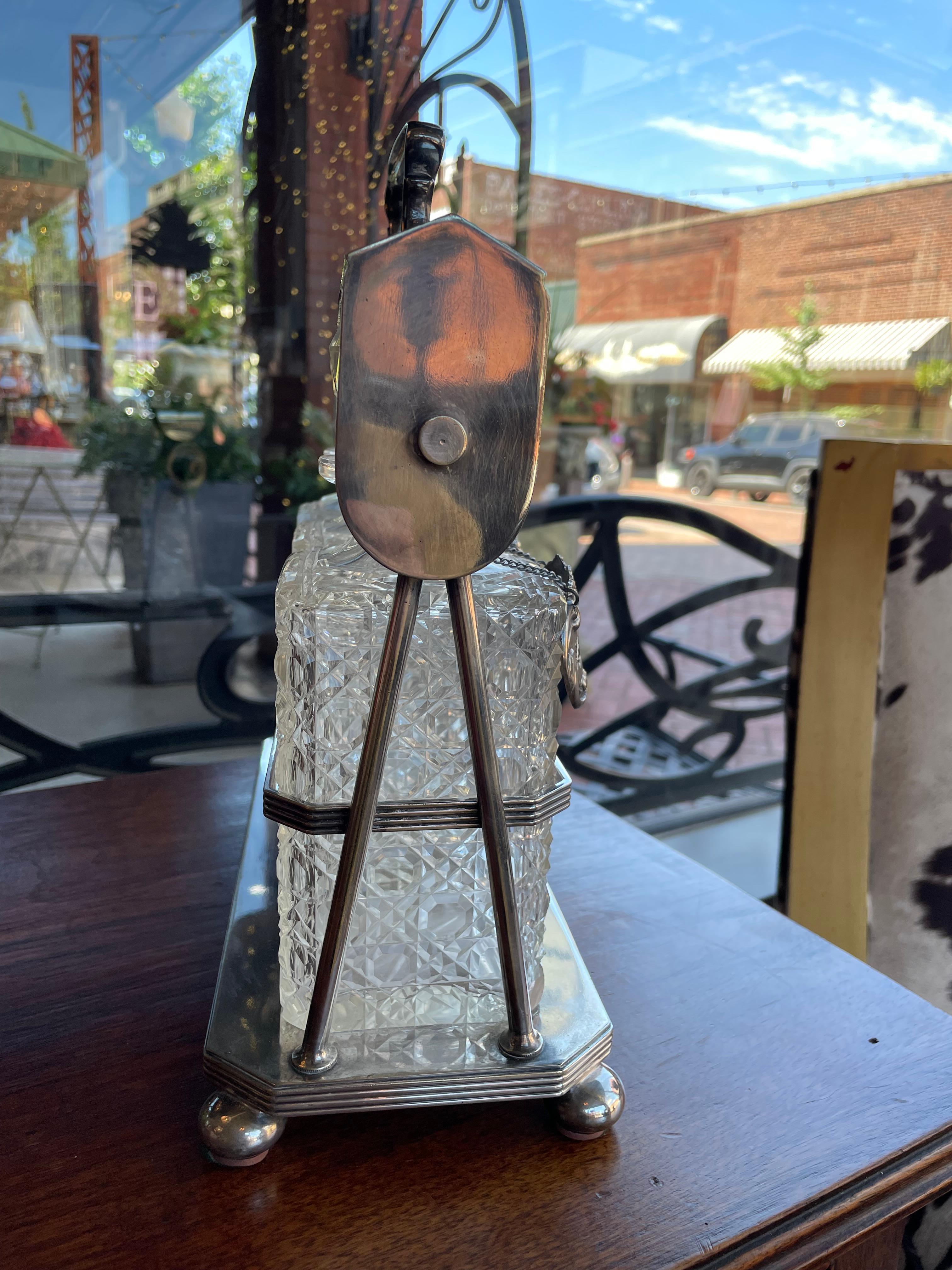 19th Century English Silver Plated Three Carafe Tantalus with Lock Mechanism For Sale 7
