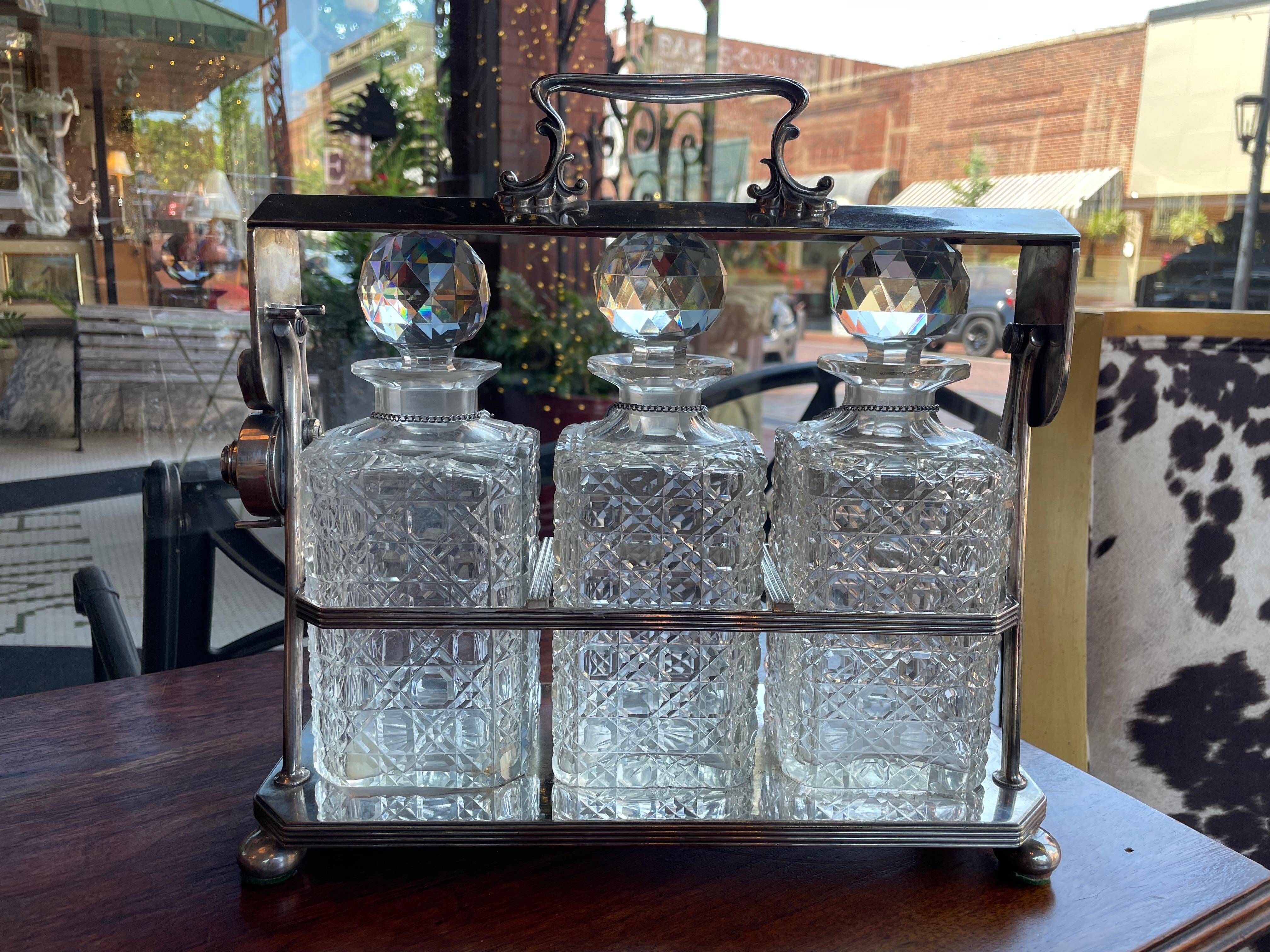 19th Century English Silver Plated Three Carafe Tantalus with Lock Mechanism For Sale 2