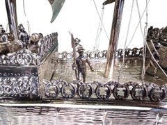 19th Century English Silvered Metal Ship Model with Unidentified Hallmarks