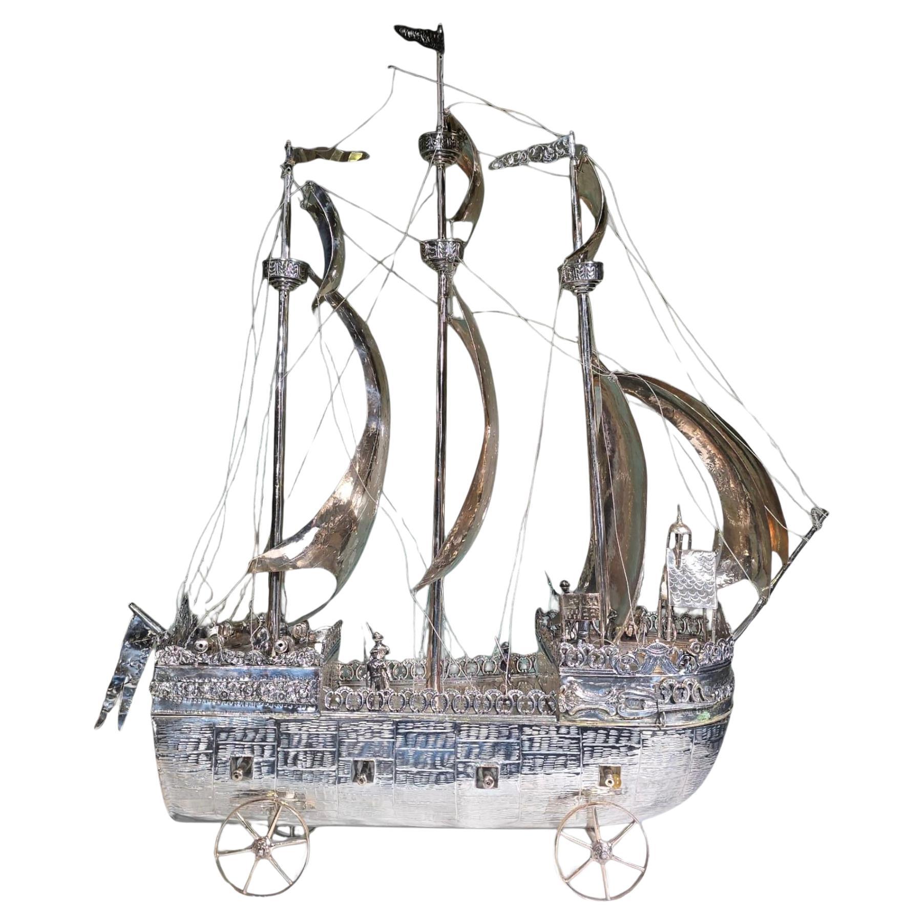 19th Century English Silvered Metal Ship Model with Unidentified Hallmarks