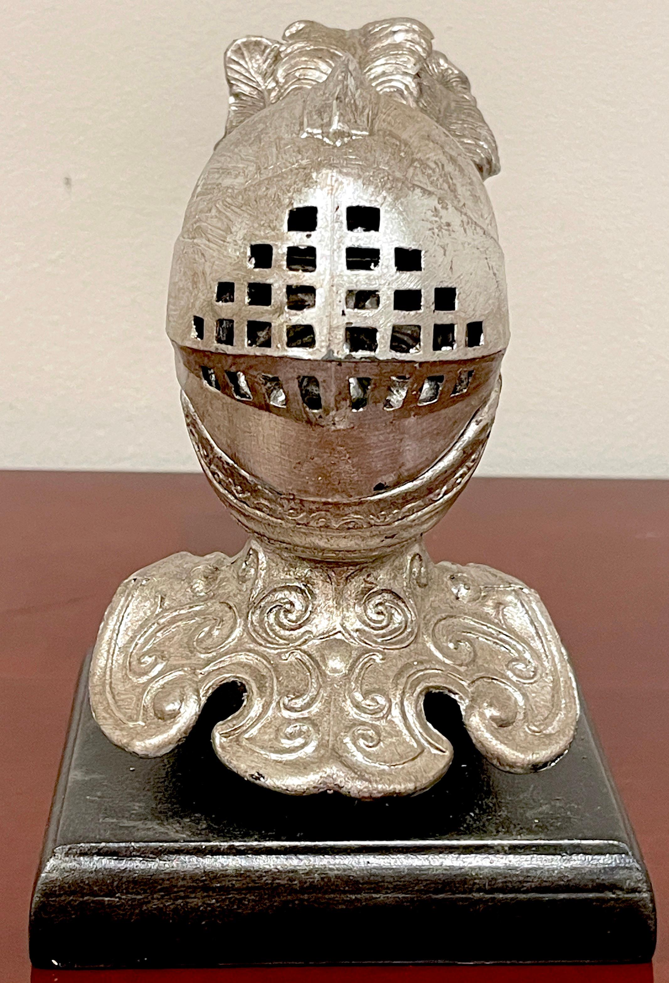 Wood 19th Century English Silvered Metal 'Worried Knight' Inkwell For Sale