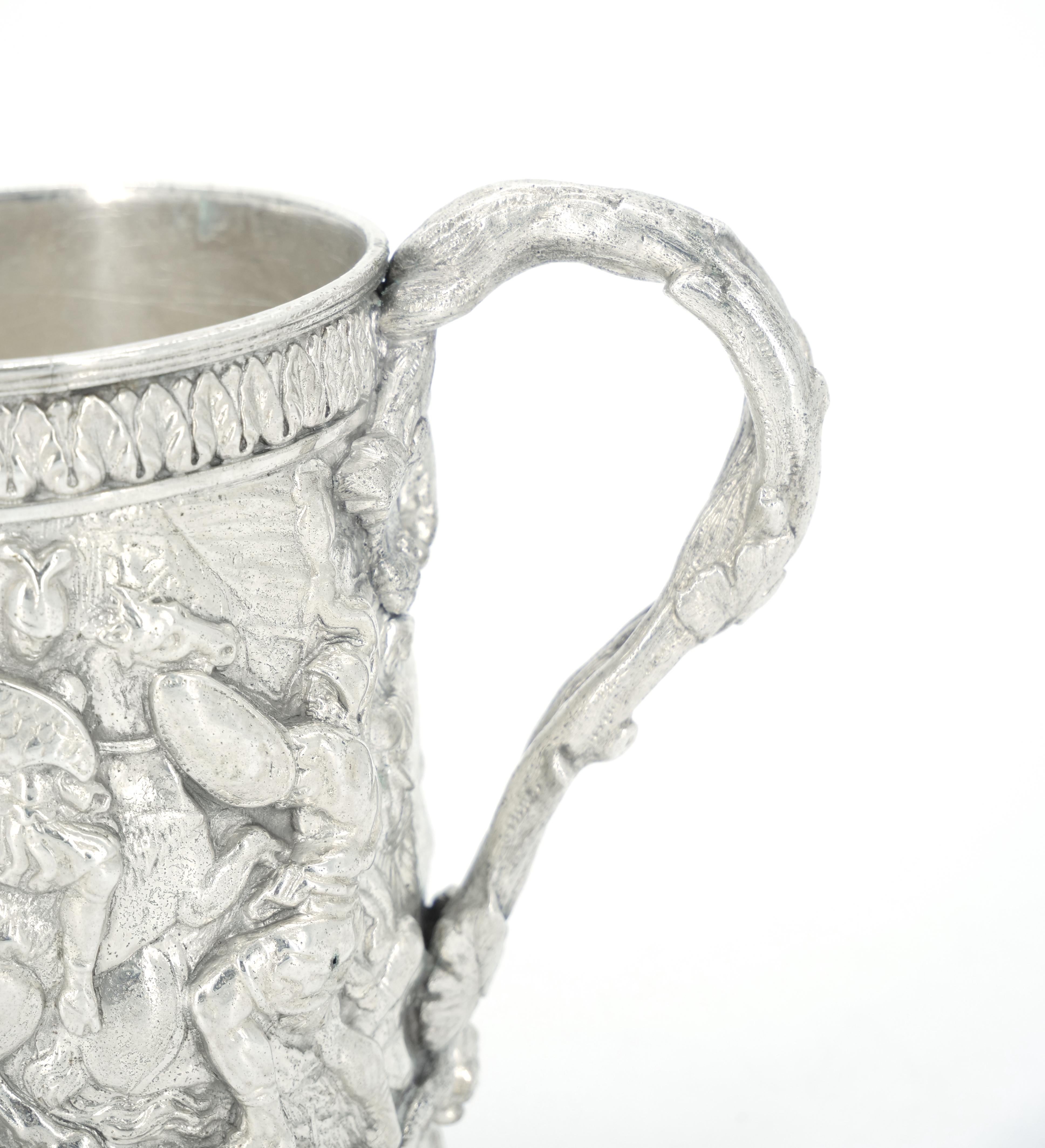 Victorian 19th Century English Silverplate Barware Mug Depicting Knights in Battle For Sale