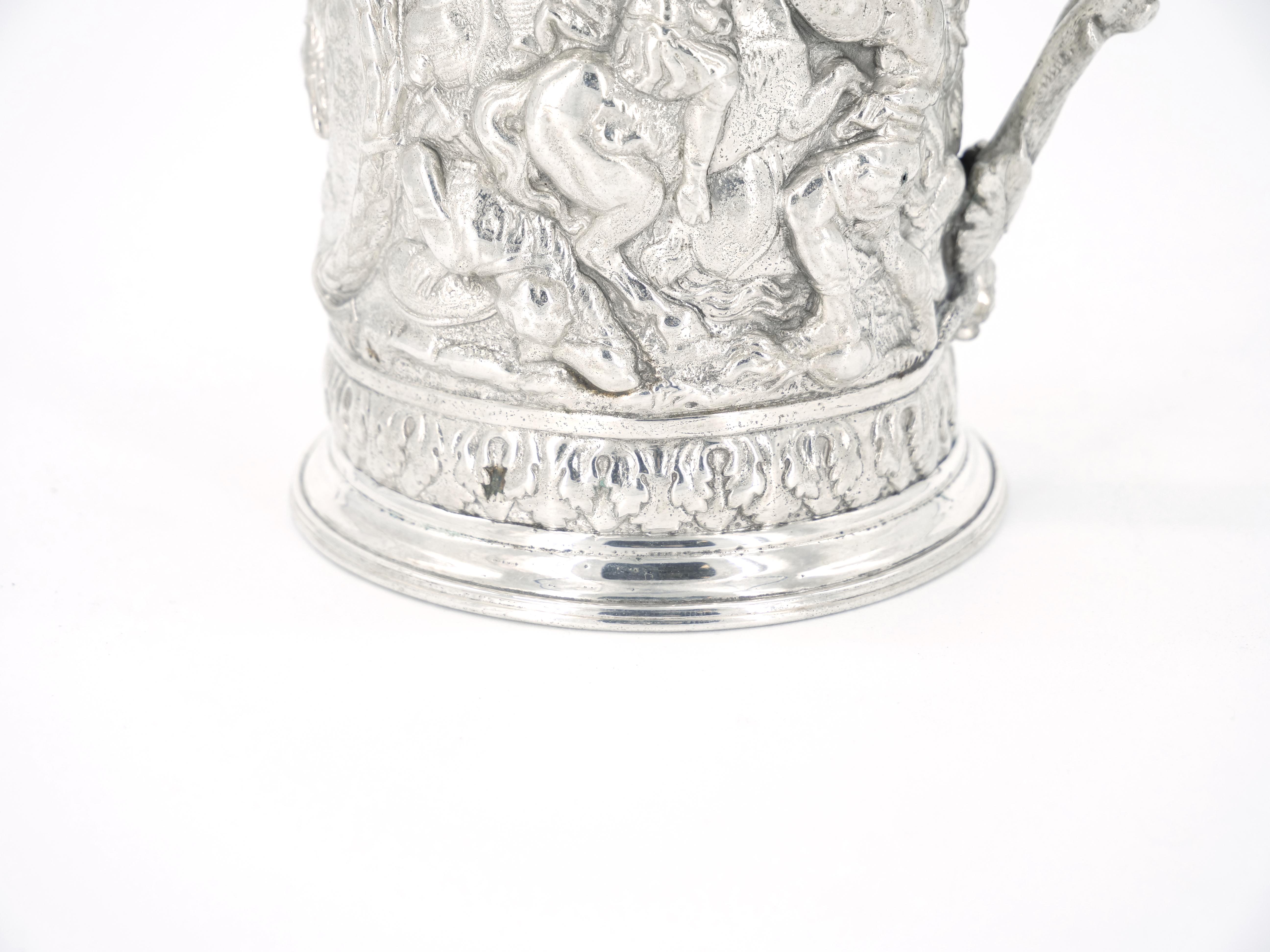 Silver Plate 19th Century English Silverplate Barware Mug Depicting Knights in Battle For Sale