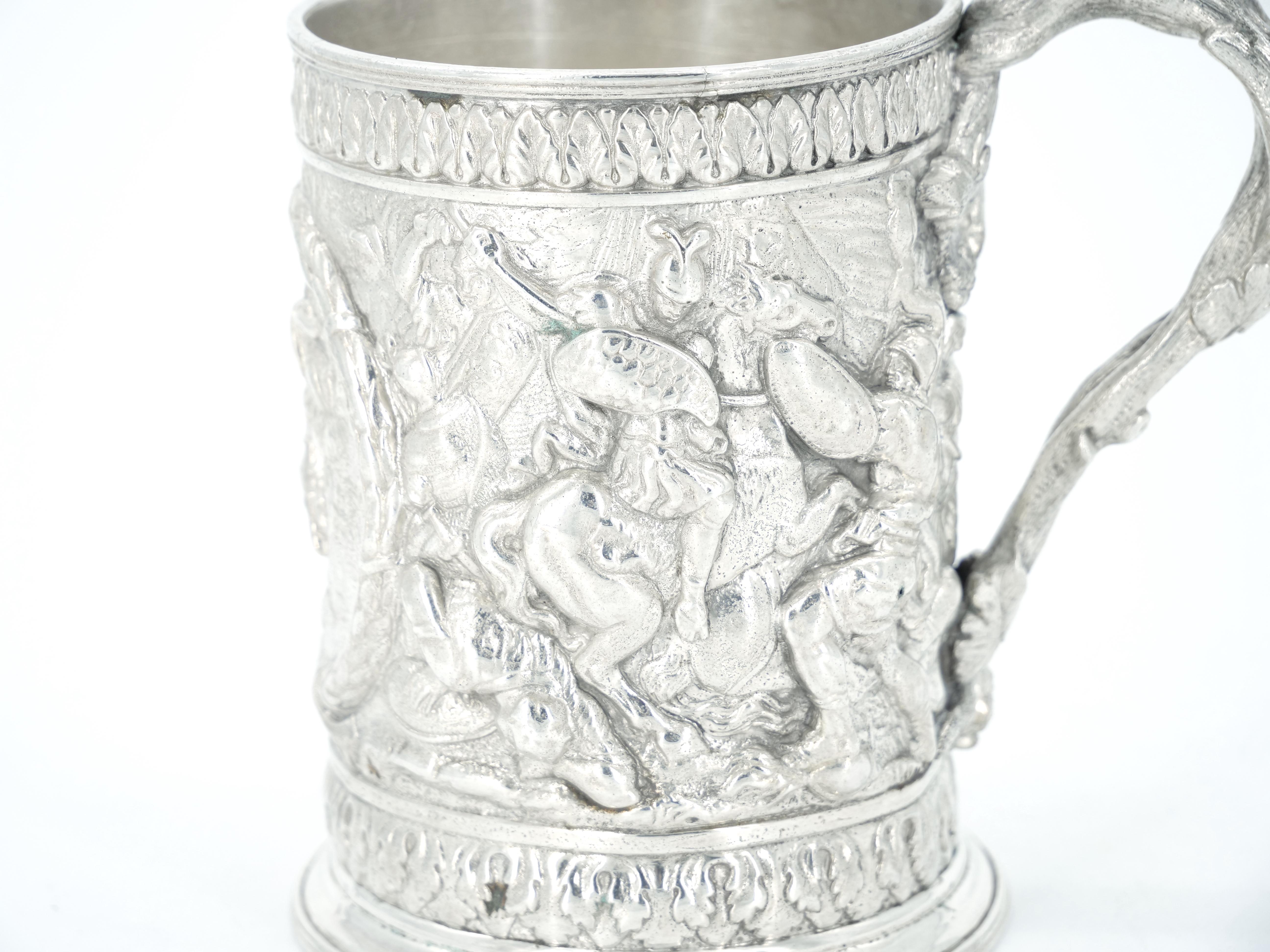 19th Century English Silverplate Barware Mug Depicting Knights in Battle For Sale 1