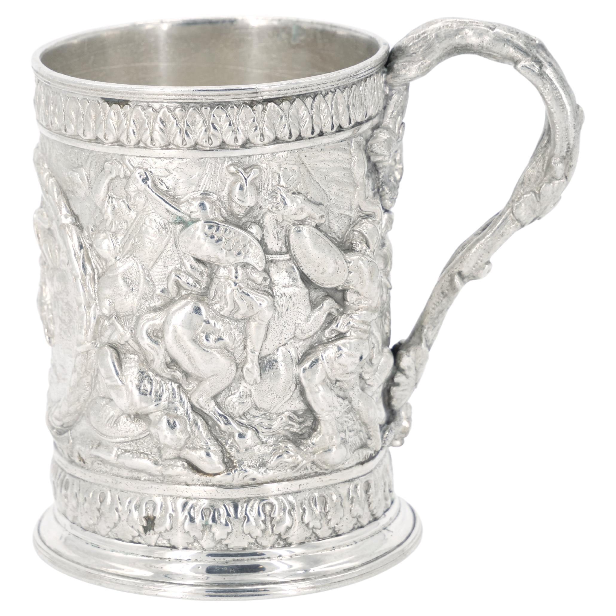 19th Century English Silverplate Barware Mug Depicting Knights in Battle For Sale