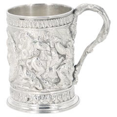 19th Century English Silverplate Barware Mug Depicting Knights in Battle